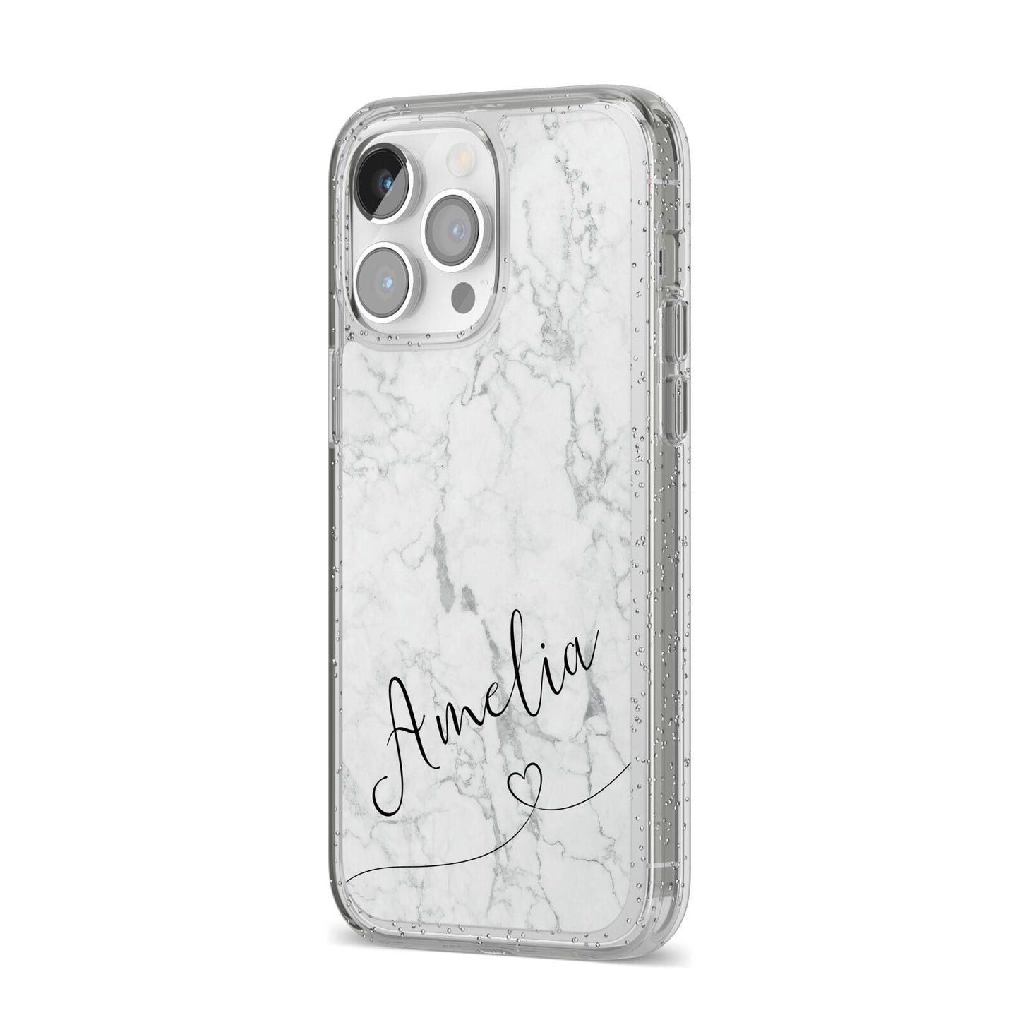 Marble with Custom Name iPhone 14 Pro Max Glitter Tough Case Silver Angled Image