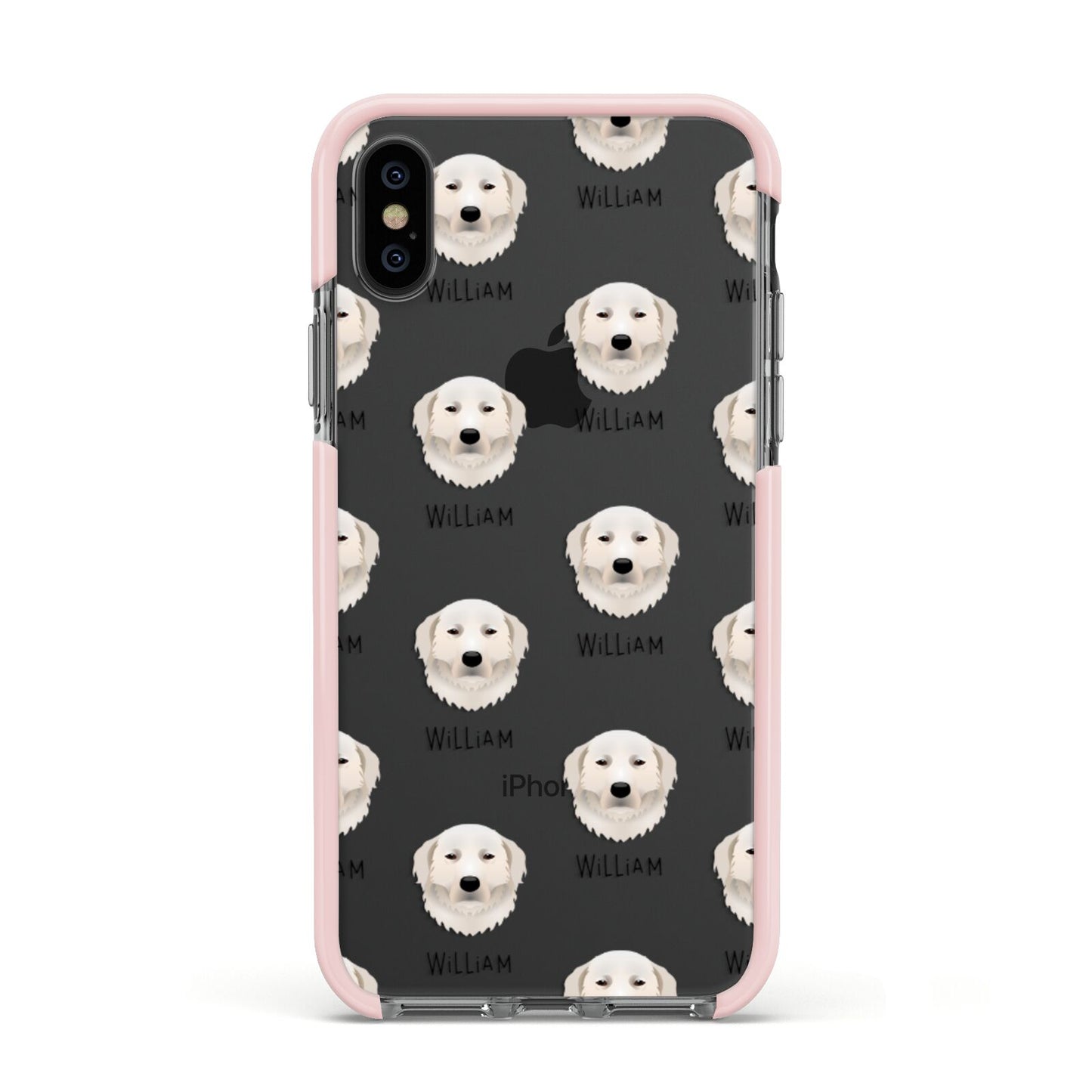 Maremma Sheepdog Icon with Name Apple iPhone Xs Impact Case Pink Edge on Black Phone
