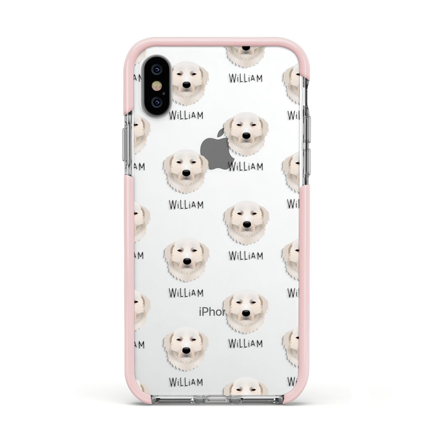 Maremma Sheepdog Icon with Name Apple iPhone Xs Impact Case Pink Edge on Silver Phone