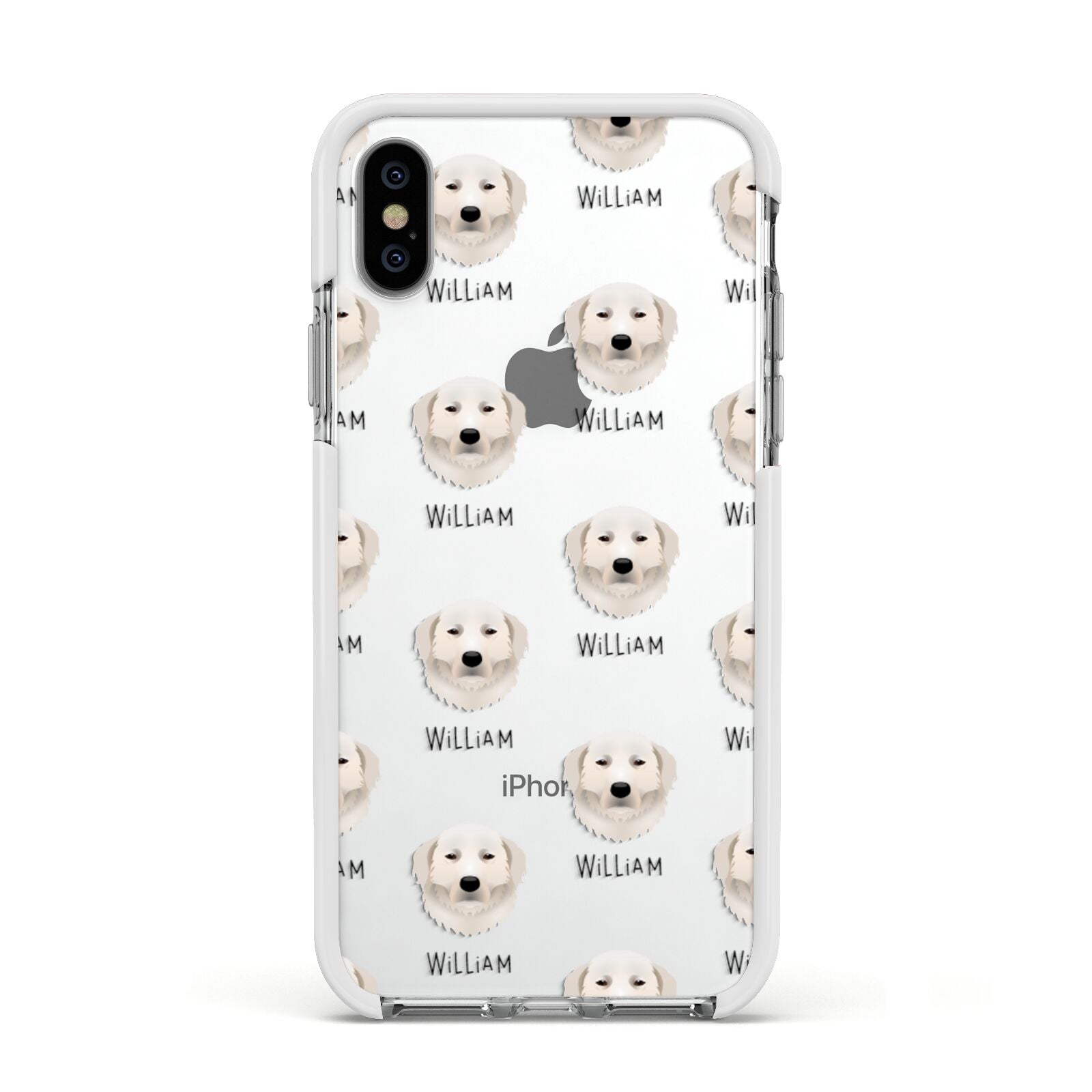Maremma Sheepdog Icon with Name Apple iPhone Xs Impact Case White Edge on Silver Phone