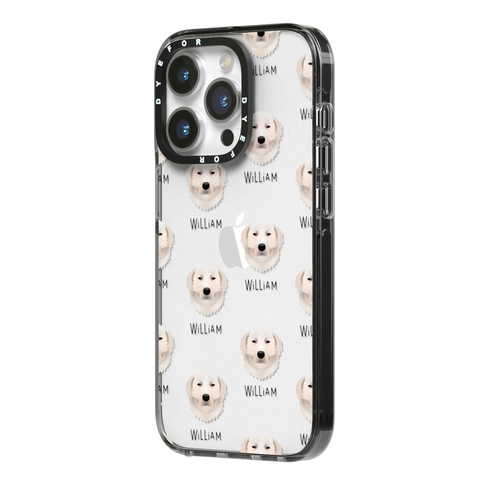 Maremma Sheepdog Icon with Name iPhone 14 Pro Black Impact Case Side Angle on Silver phone