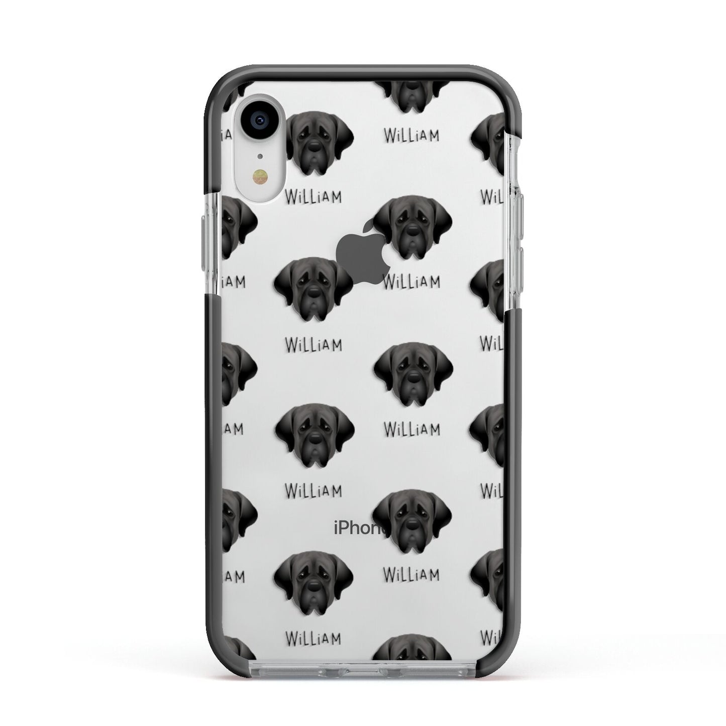 Mastiff Icon with Name Apple iPhone XR Impact Case Black Edge on Silver Phone
