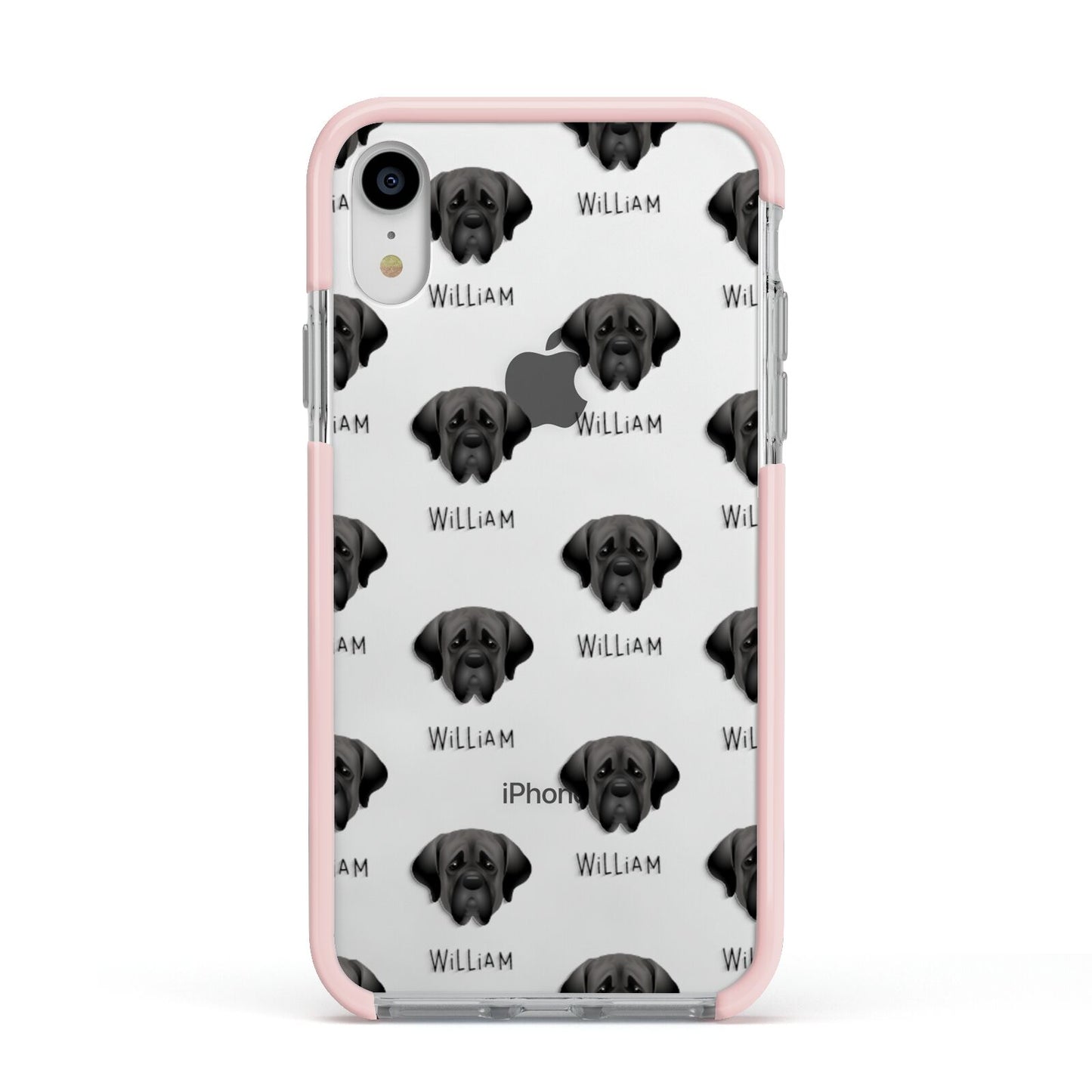 Mastiff Icon with Name Apple iPhone XR Impact Case Pink Edge on Silver Phone