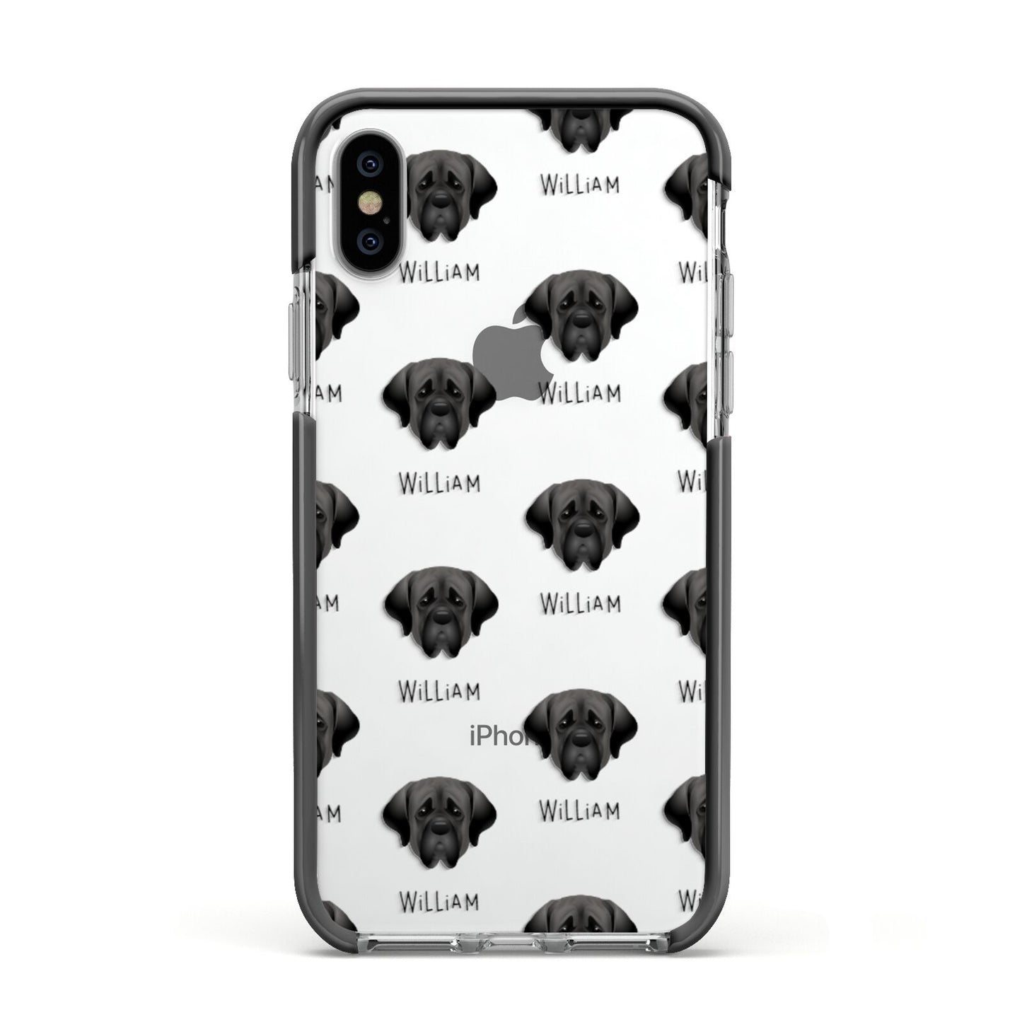 Mastiff Icon with Name Apple iPhone Xs Impact Case Black Edge on Silver Phone