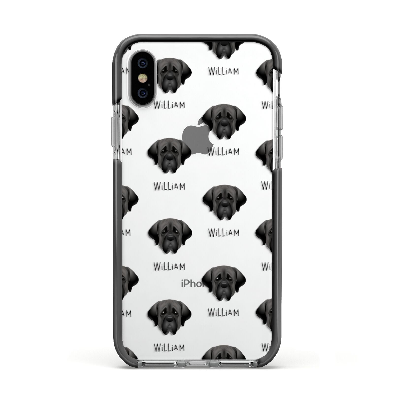 Mastiff Icon with Name Apple iPhone Xs Impact Case Black Edge on Silver Phone