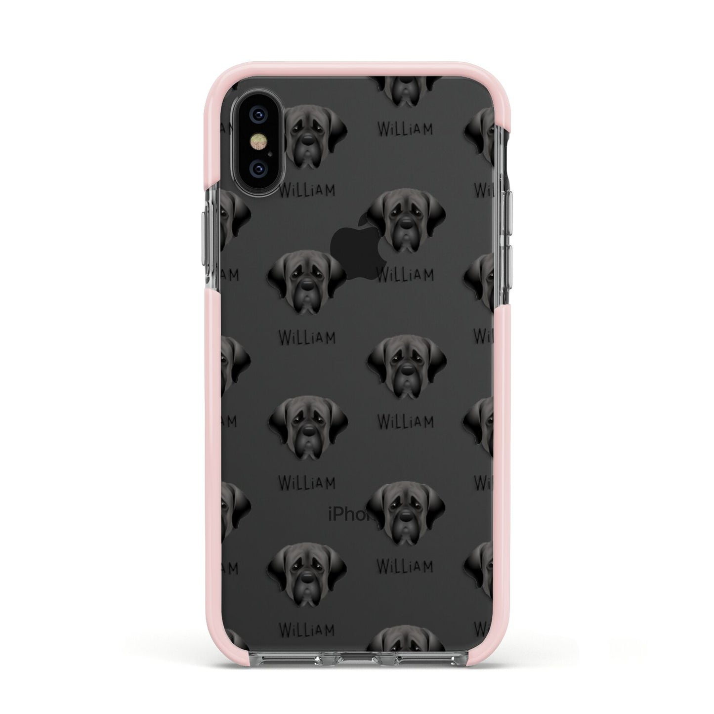 Mastiff Icon with Name Apple iPhone Xs Impact Case Pink Edge on Black Phone