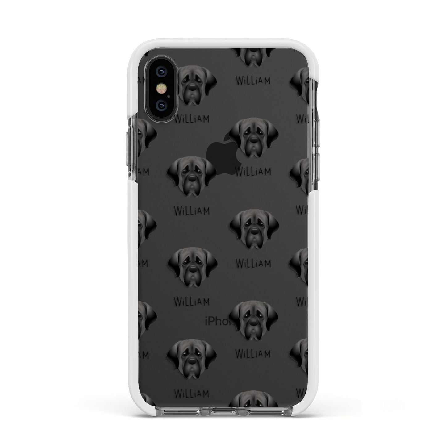 Mastiff Icon with Name Apple iPhone Xs Impact Case White Edge on Black Phone