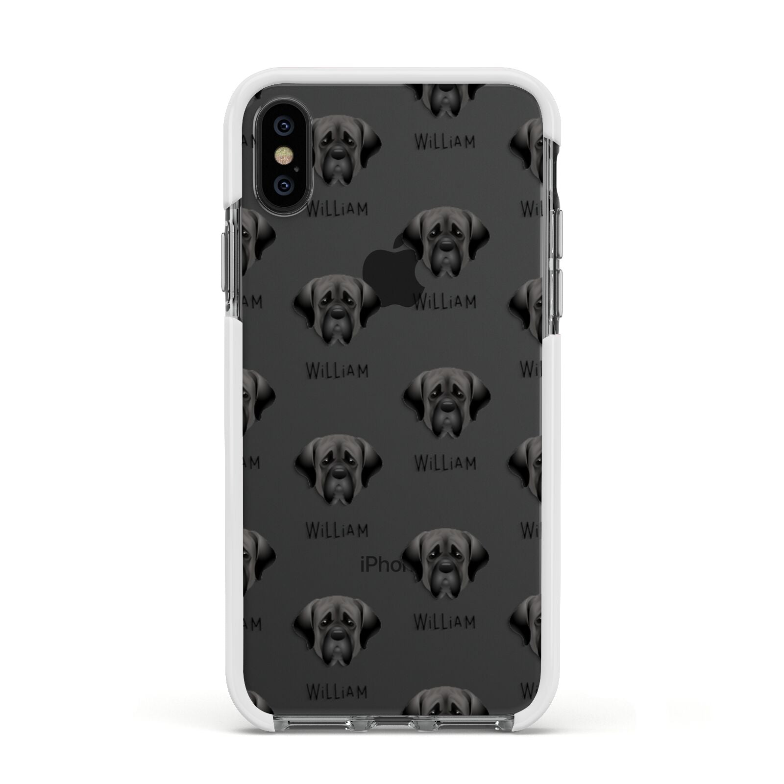 Mastiff Icon with Name Apple iPhone Xs Impact Case White Edge on Black Phone