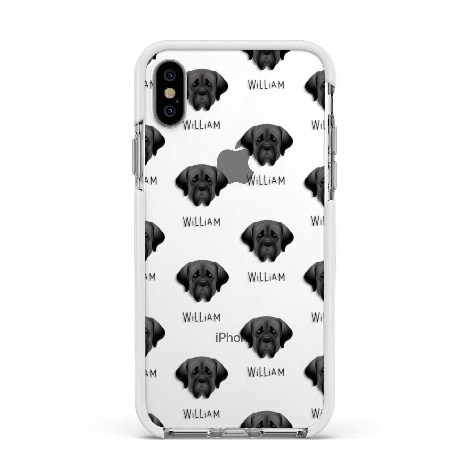 Mastiff Icon with Name Apple iPhone Xs Impact Case White Edge on Silver Phone