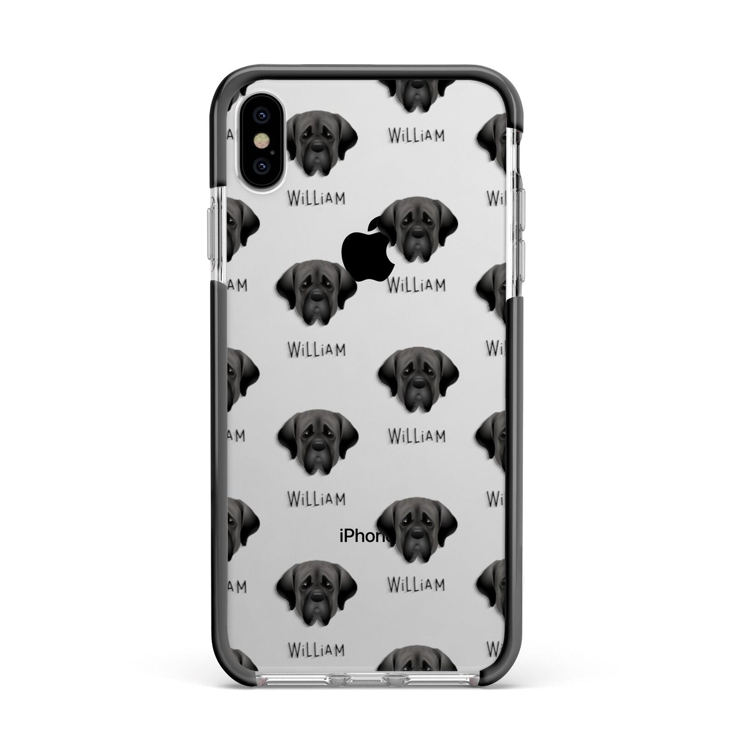 Mastiff Icon with Name Apple iPhone Xs Max Impact Case Black Edge on Silver Phone