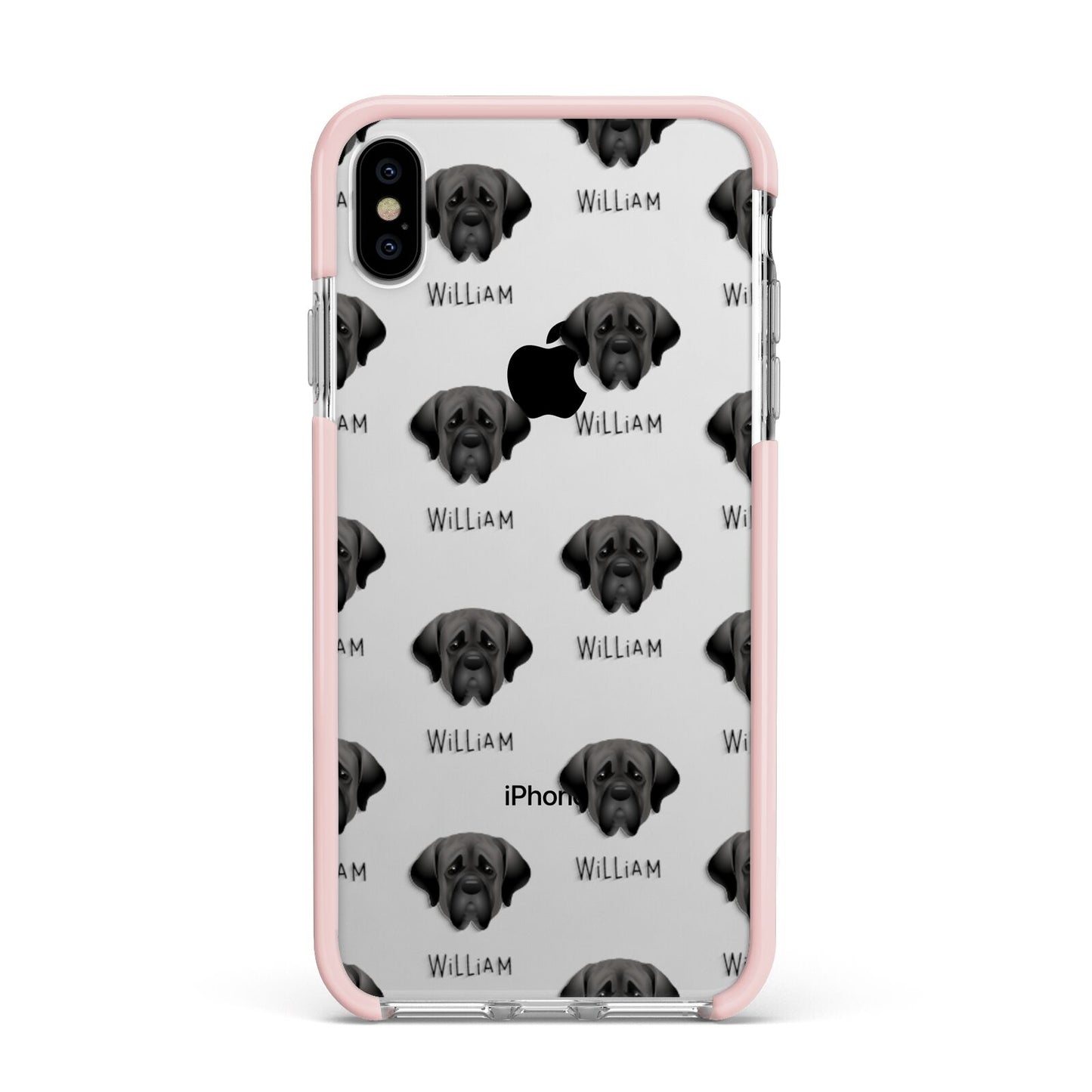 Mastiff Icon with Name Apple iPhone Xs Max Impact Case Pink Edge on Silver Phone