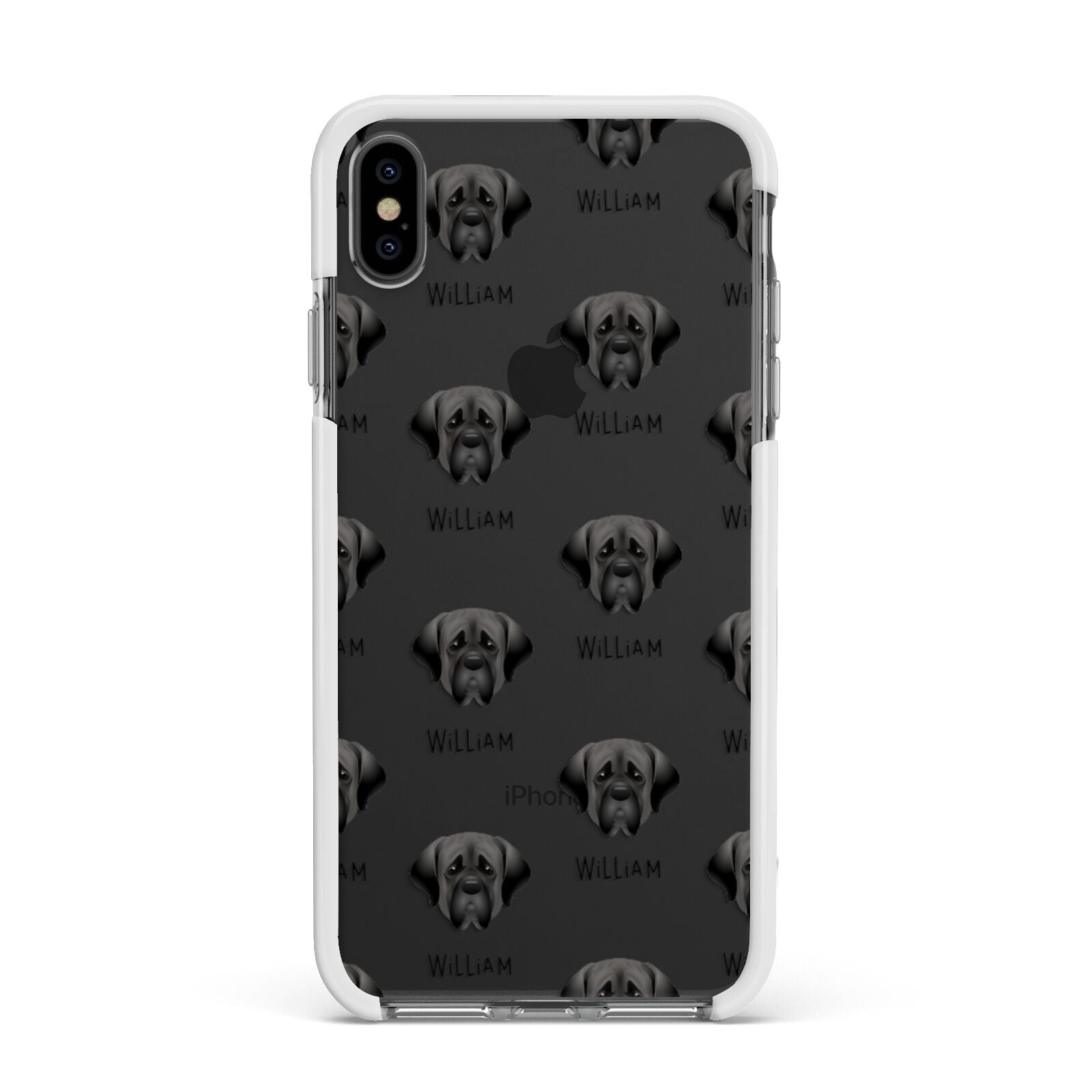 Mastiff Icon with Name Apple iPhone Xs Max Impact Case White Edge on Black Phone