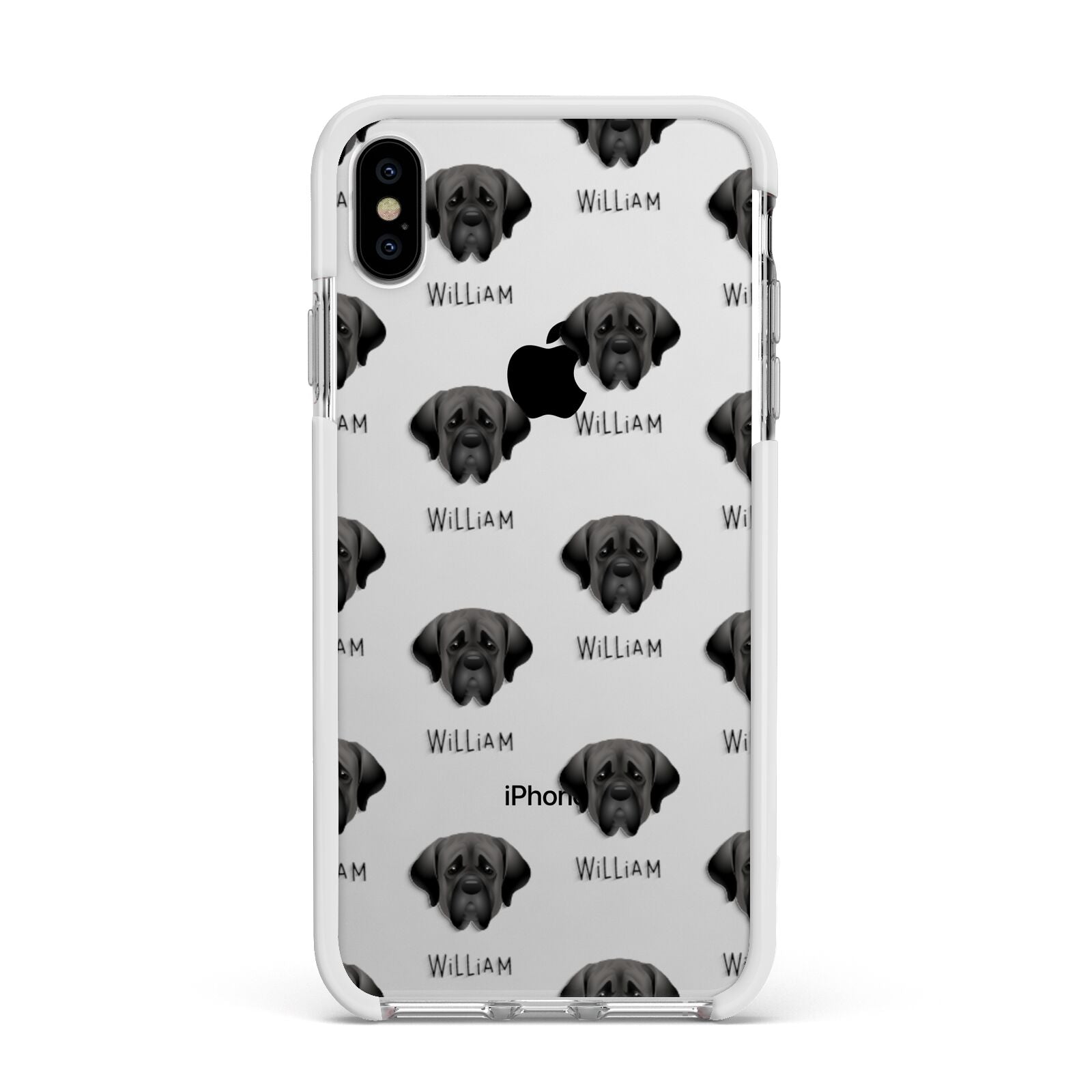 Mastiff Icon with Name Apple iPhone Xs Max Impact Case White Edge on Silver Phone