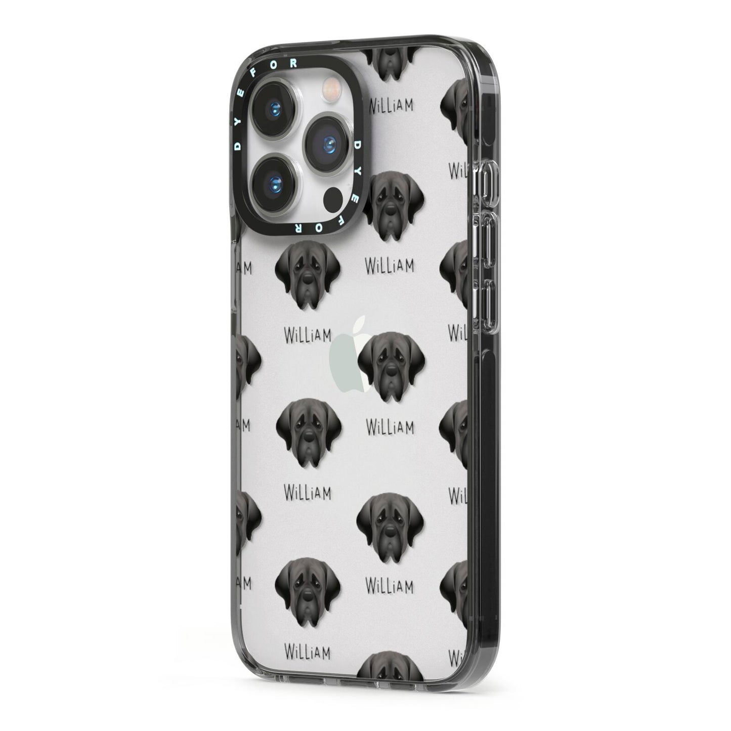 Mastiff Icon with Name iPhone 13 Pro Black Impact Case Side Angle on Silver phone