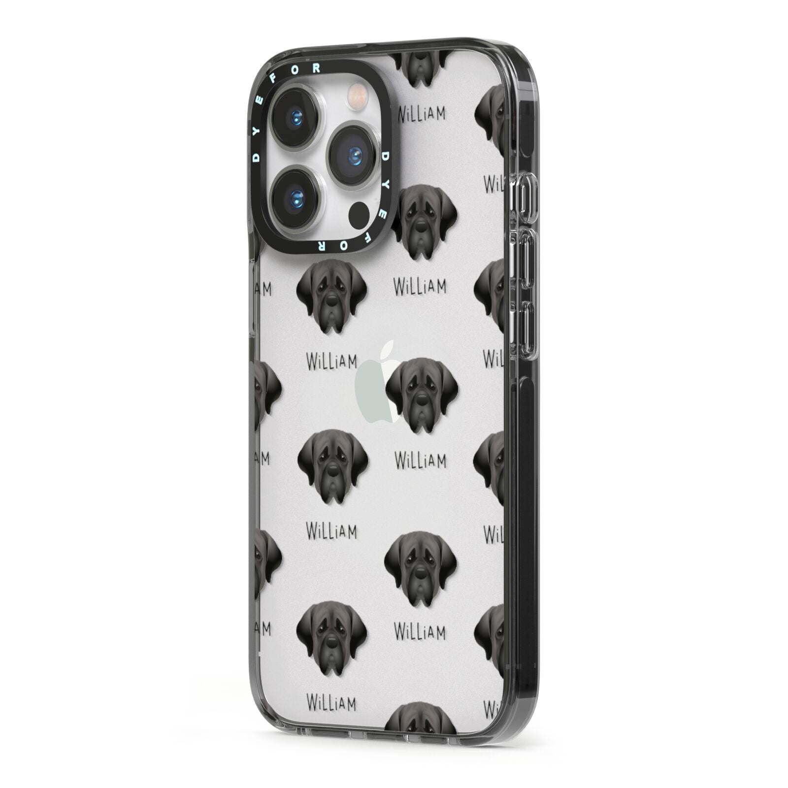 Mastiff Icon with Name iPhone 13 Pro Black Impact Case Side Angle on Silver phone