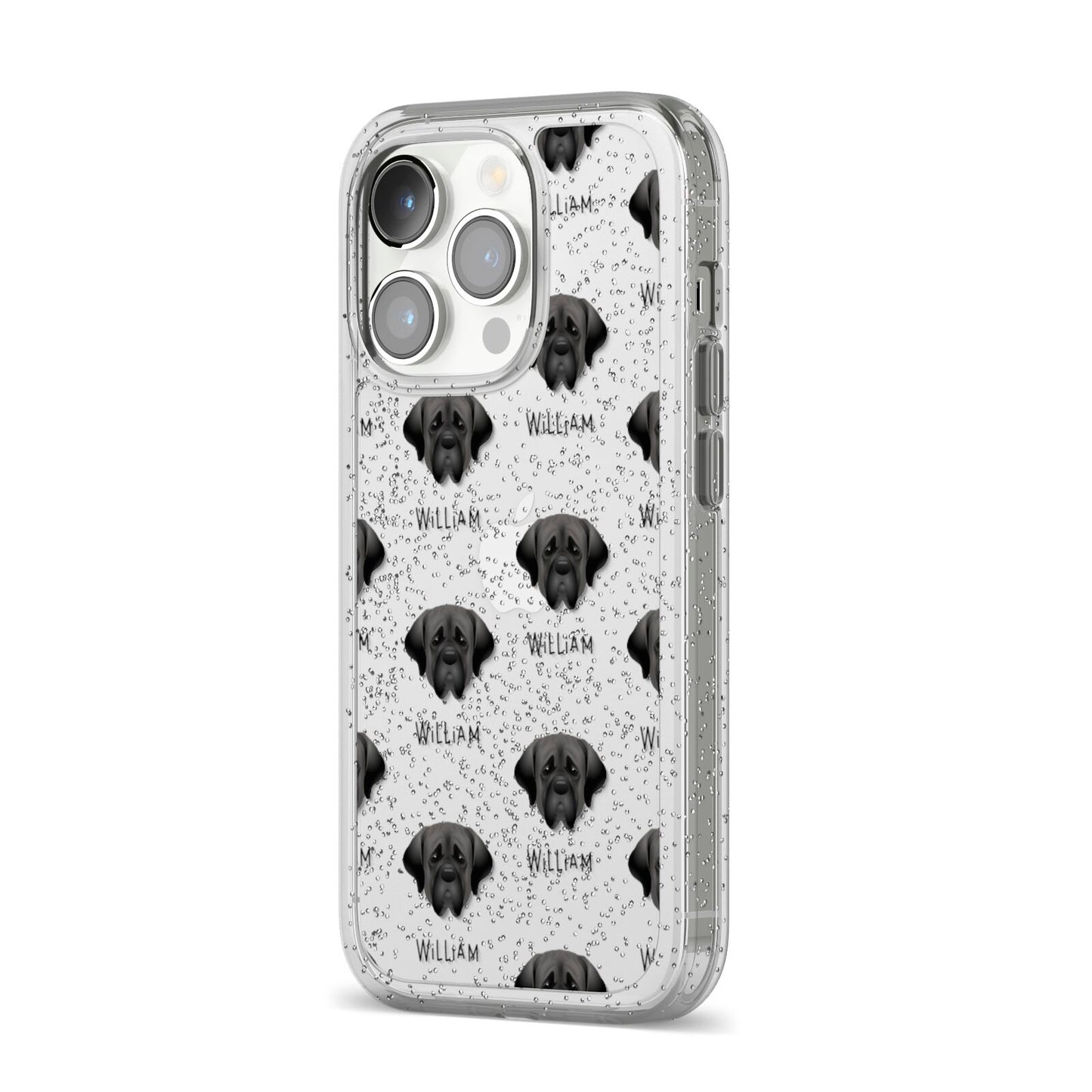 Mastiff Icon with Name iPhone 14 Pro Glitter Tough Case Silver Angled Image