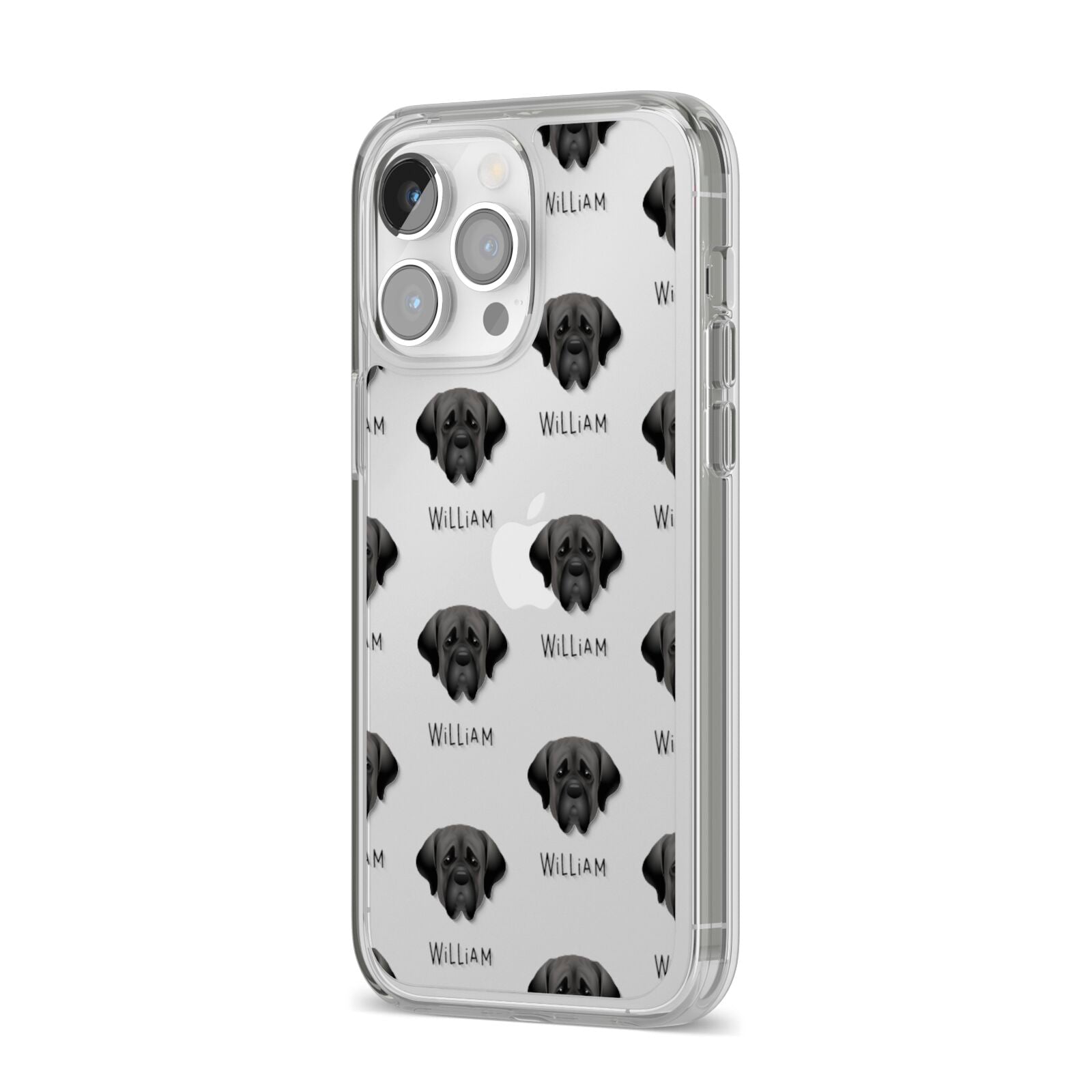 Mastiff Icon with Name iPhone 14 Pro Max Clear Tough Case Silver Angled Image