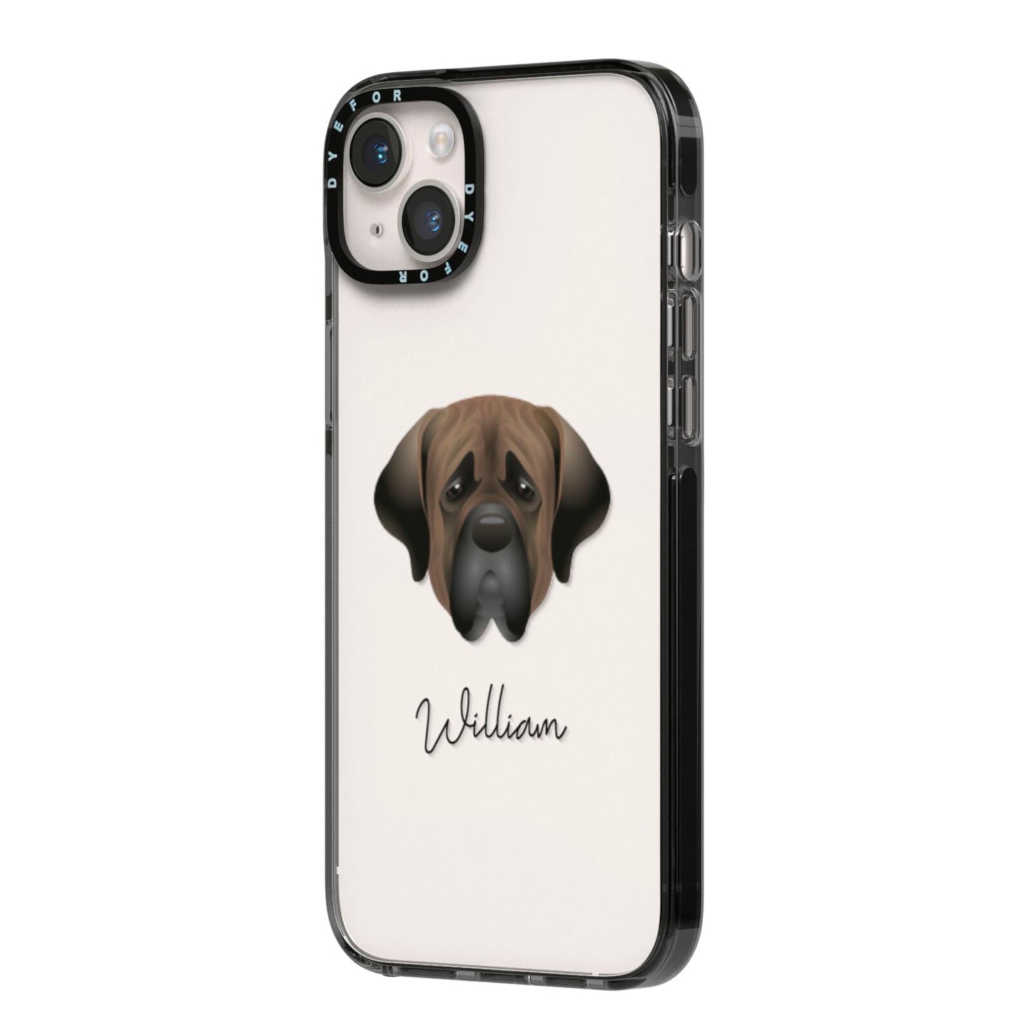 Mastiff Personalised iPhone 14 Plus Black Impact Case Side Angle on Silver phone