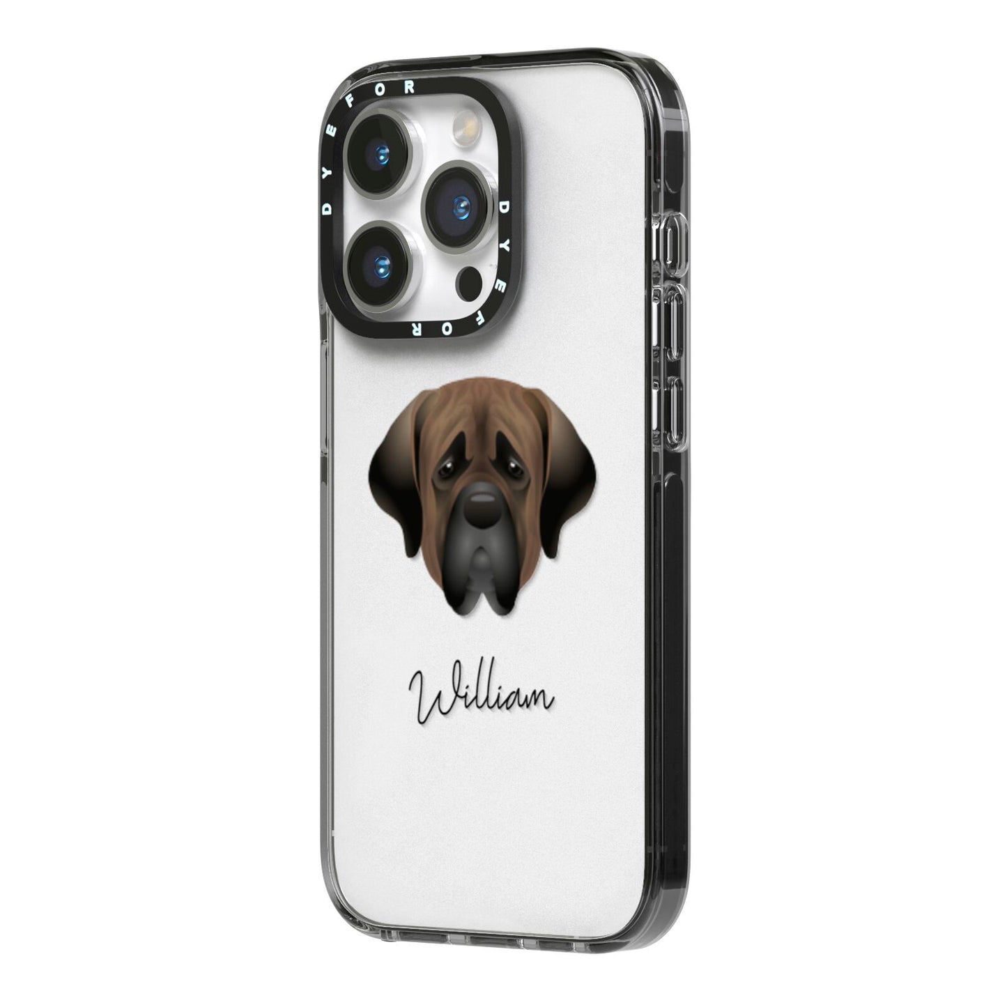 Mastiff Personalised iPhone 14 Pro Black Impact Case Side Angle on Silver phone