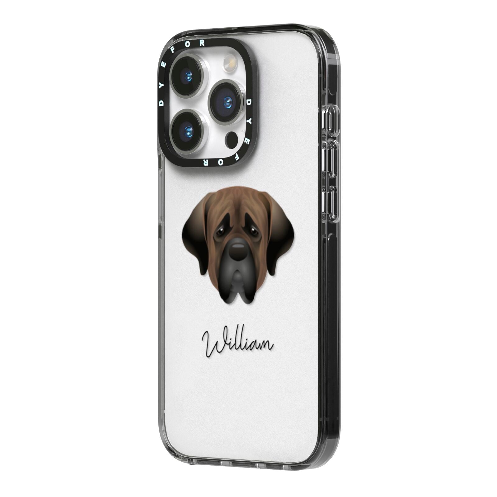 Mastiff Personalised iPhone 14 Pro Black Impact Case Side Angle on Silver phone