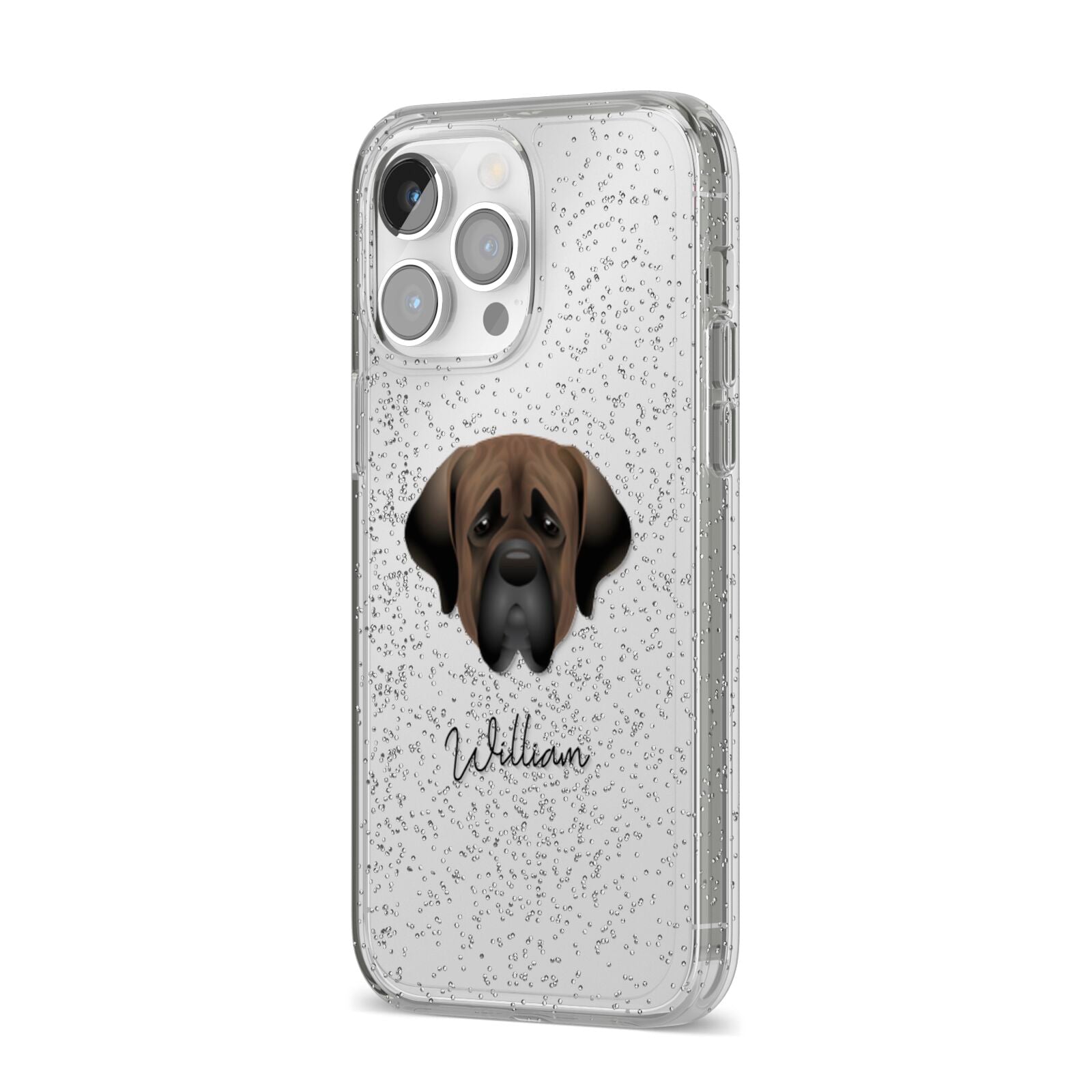 Mastiff Personalised iPhone 14 Pro Max Glitter Tough Case Silver Angled Image