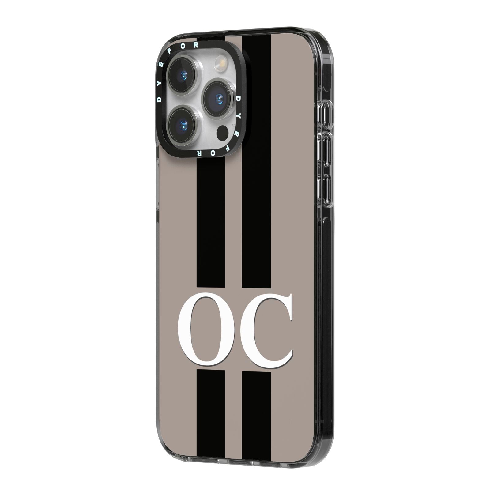 Mauve Personalised Initials iPhone 14 Pro Max Black Impact Case Side Angle on Silver phone