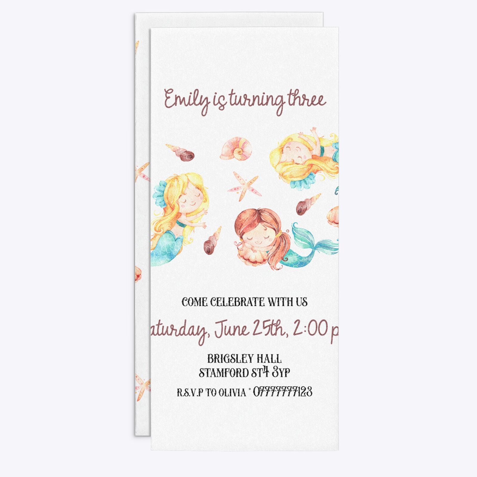 Mermaid Personalised Happy Birthday 4x9 Rectangle Invitation Glitter Front and Back Image
