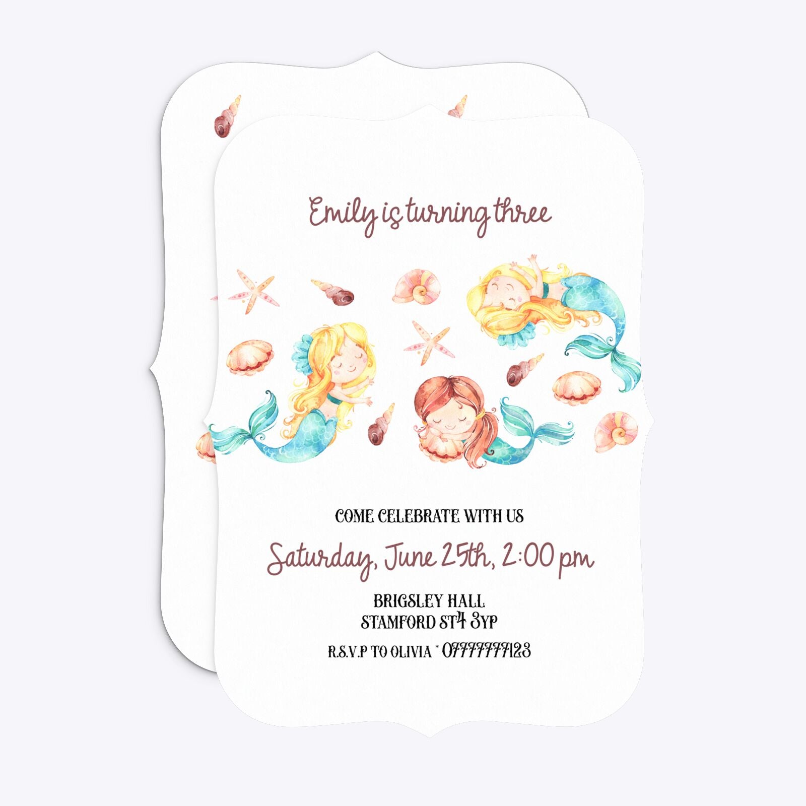 Mermaid Personalised Happy Birthday Bracket Invitation Matte Paper Front and Back Image