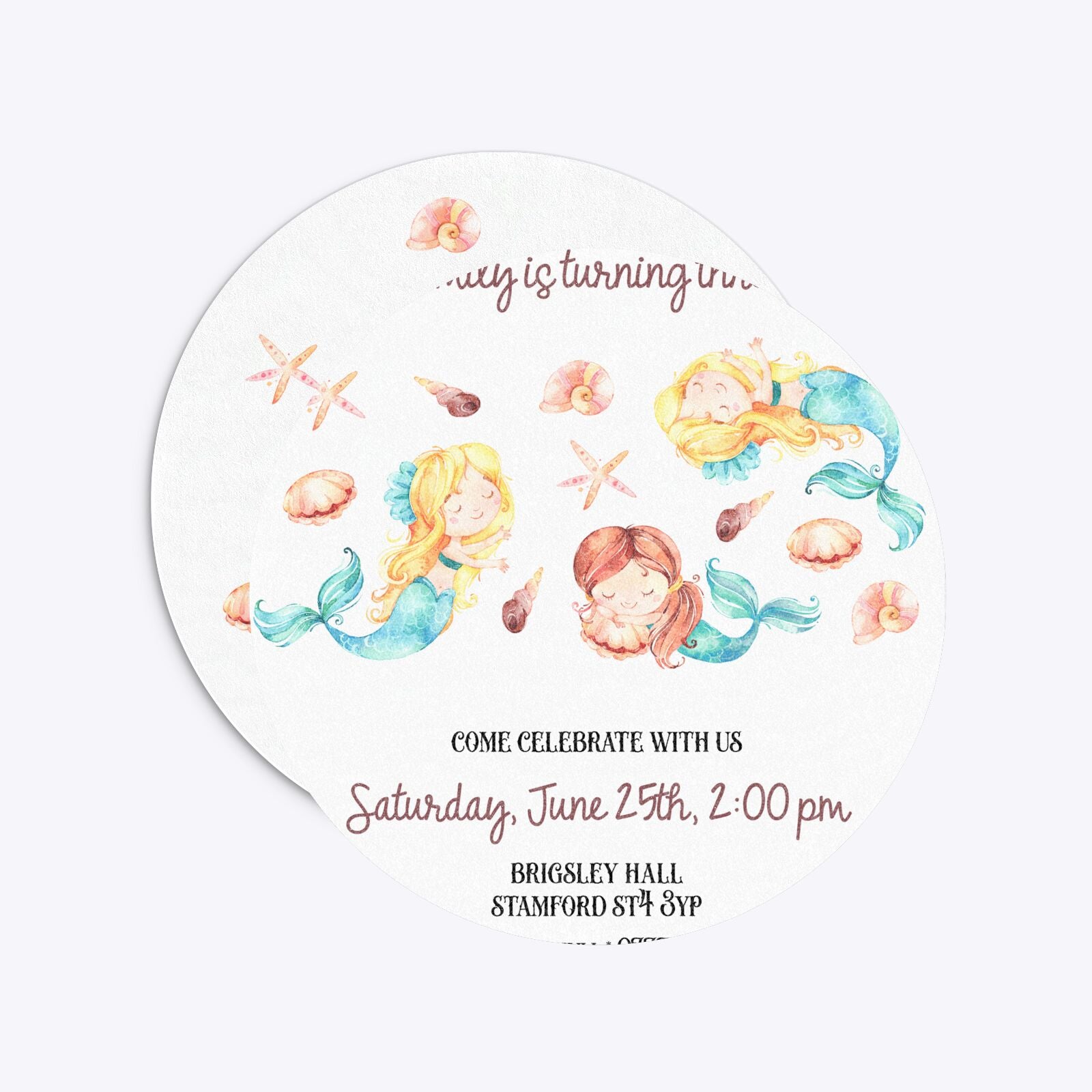 Mermaid Personalised Happy Birthday Circle 5 25x5 25 Invitation Glitter Front and Back Image
