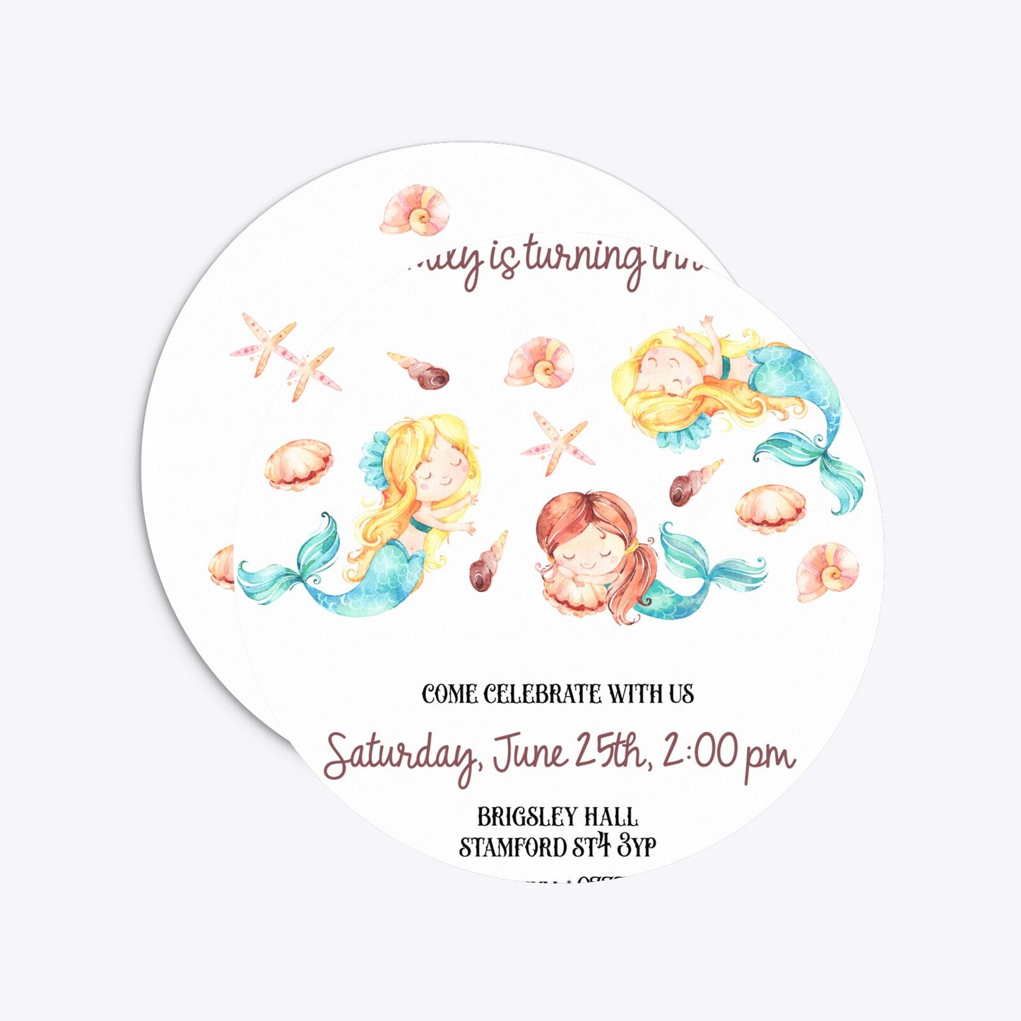 Mermaid Personalised Happy Birthday Circle 5 25x5 25 Invitation Matte Paper Front and Back Image