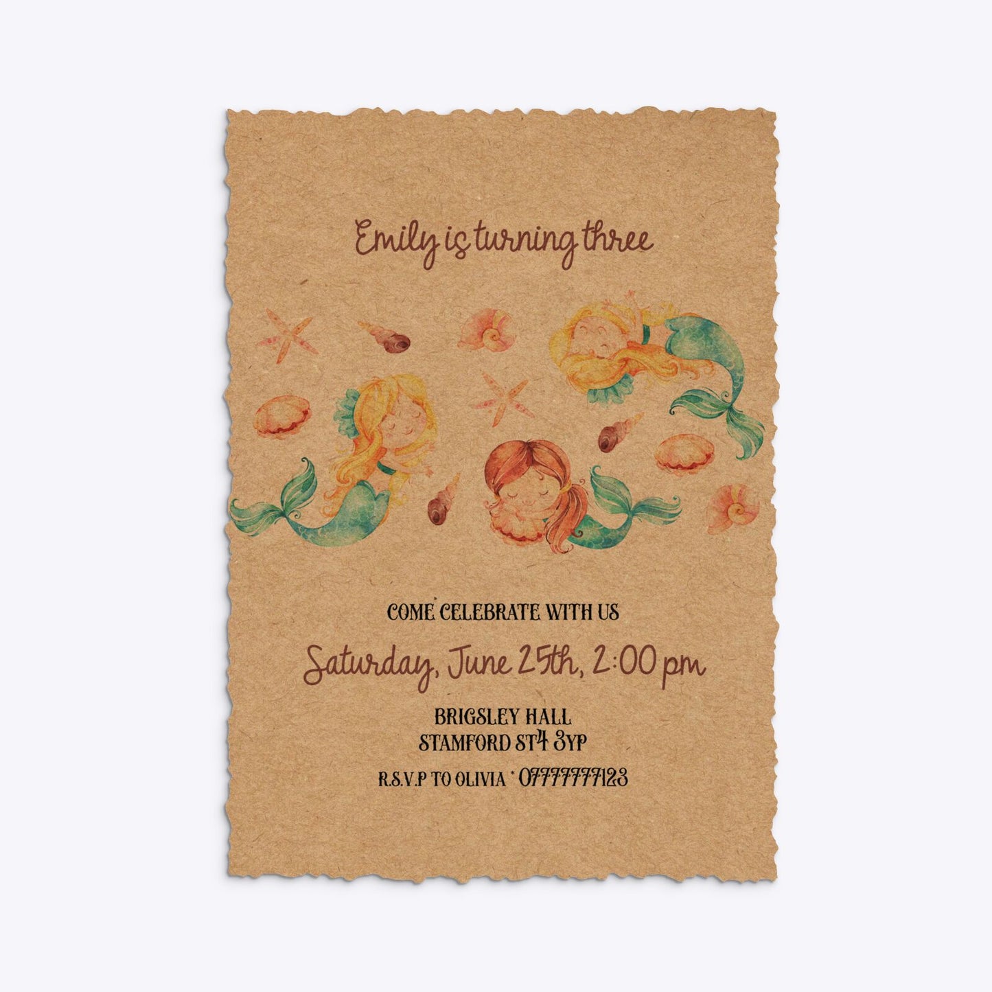 Mermaid Personalised Happy Birthday Deckle Invitation Kraft