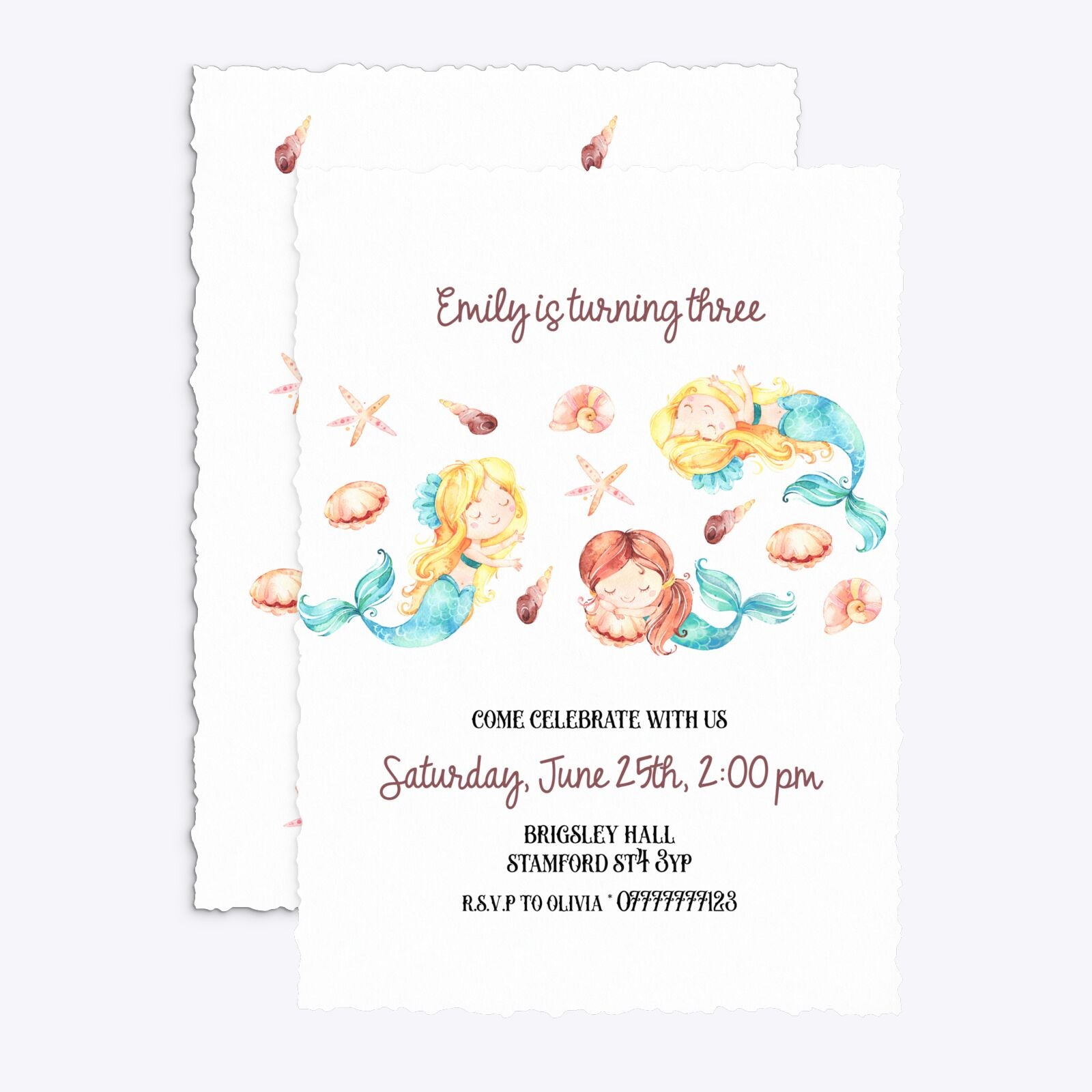 Mermaid Personalised Happy Birthday Deckle Invitation Matte Paper Front and Back Image