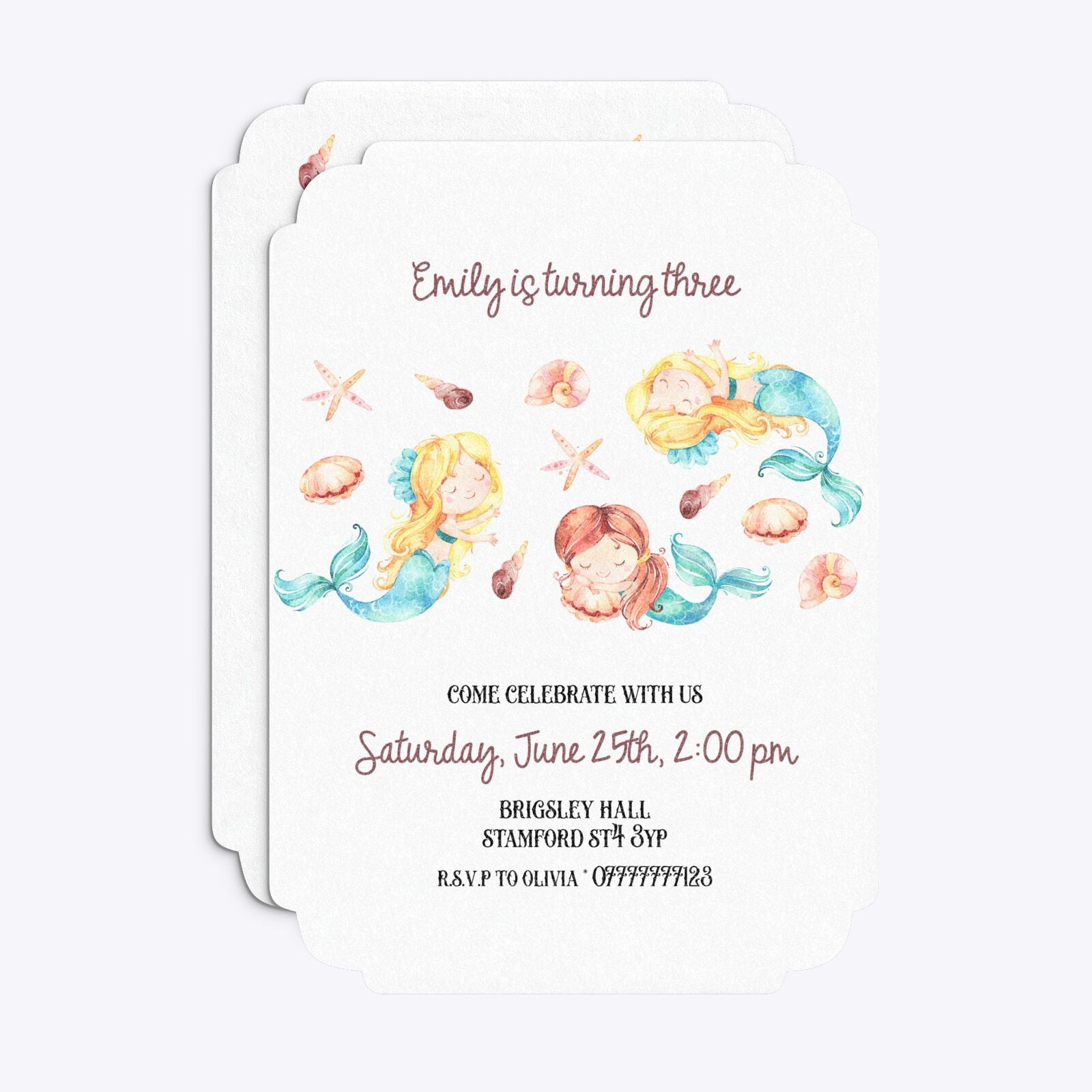 Mermaid Personalised Happy Birthday Deco Invitation Glitter Front and Back Image