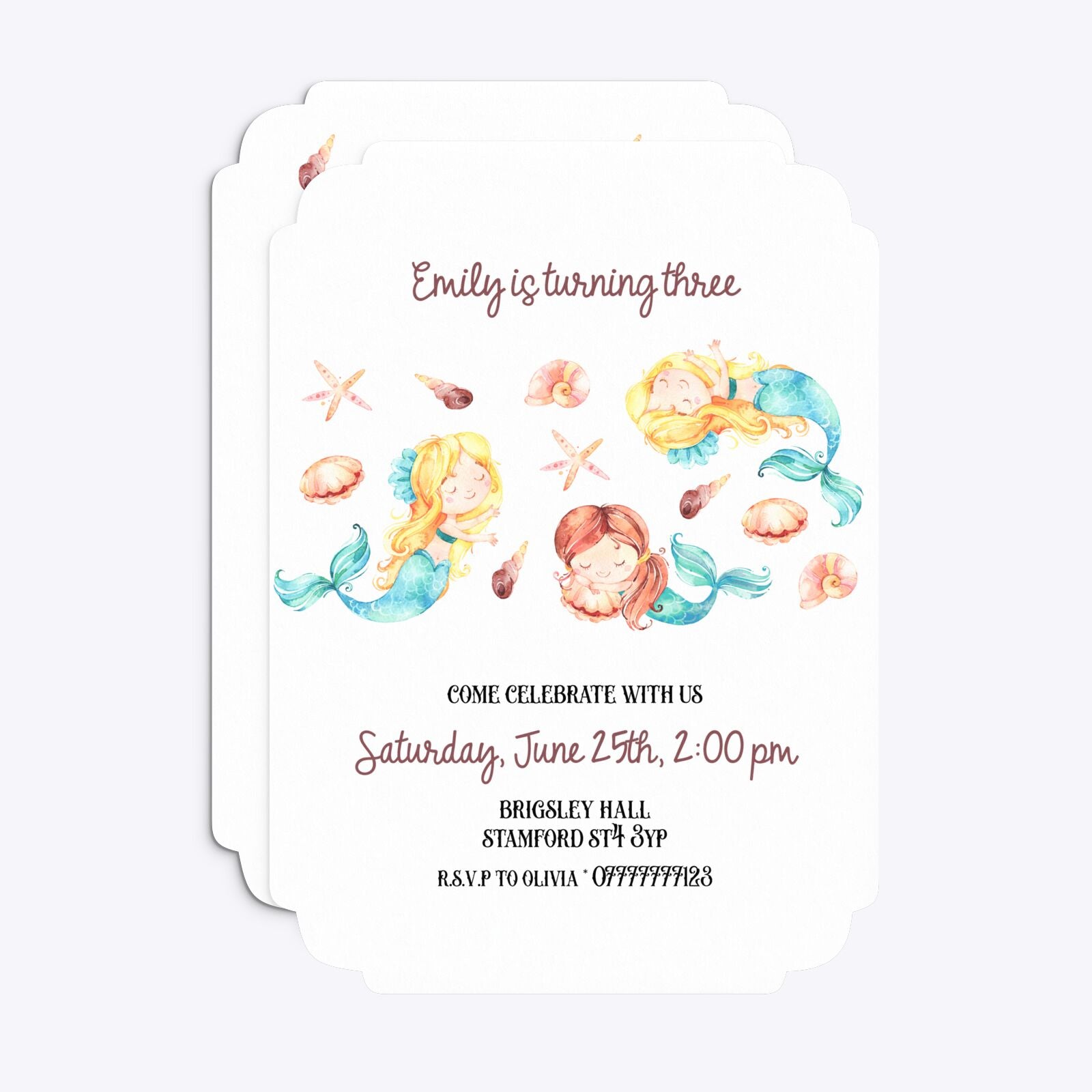 Mermaid Personalised Happy Birthday Deco Invitation Matte Paper Front and Back Image