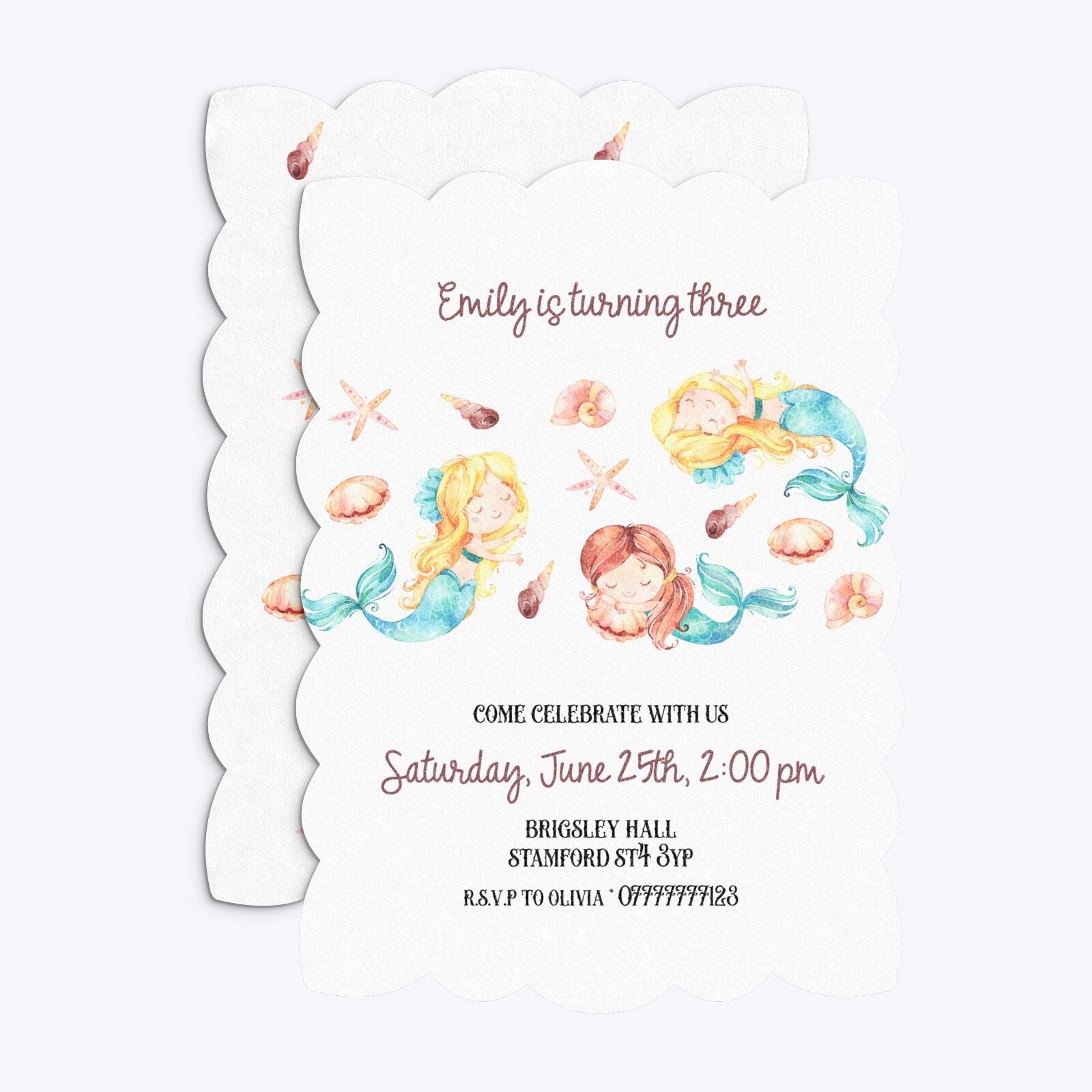 Mermaid Personalised Happy Birthday Petal Invitation Glitter Front and Back Image
