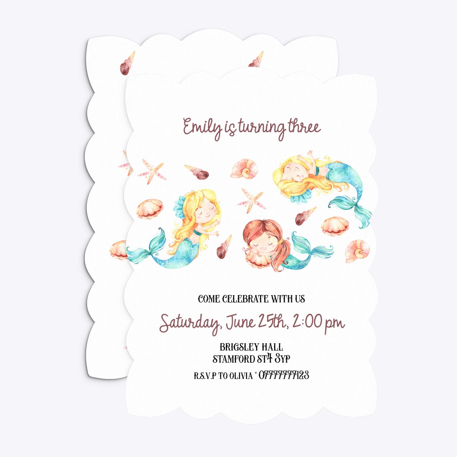 Mermaid Personalised Happy Birthday Petal Invitation Matte Paper Front and Back Image