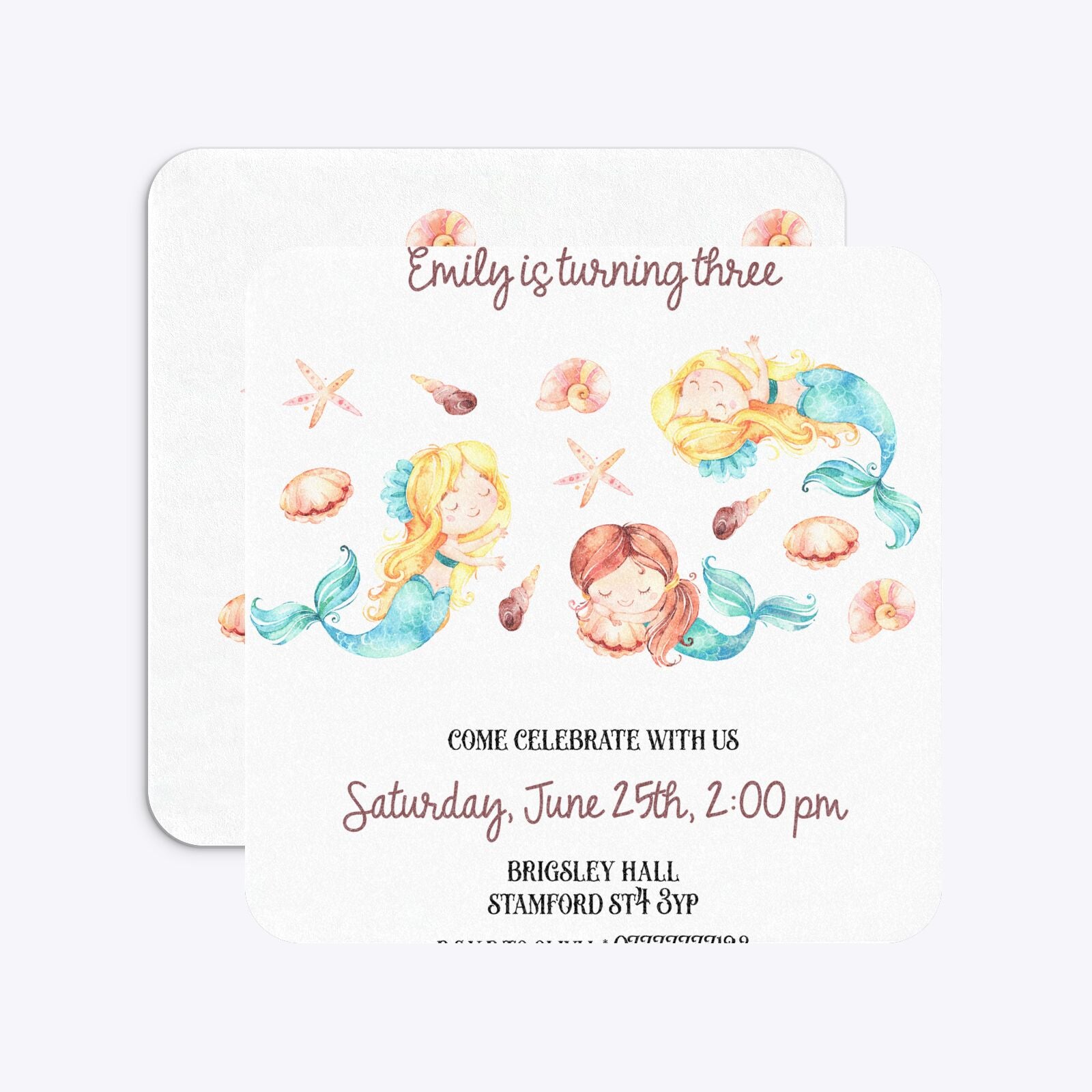 Mermaid Personalised Happy Birthday Rounded 5 25x5 25 Invitation Glitter Front and Back Image