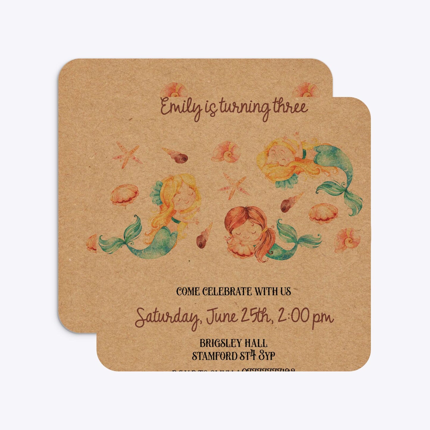 Mermaid Personalised Happy Birthday Rounded 5 25x5 25 Invitation Kraft Front and Back Image
