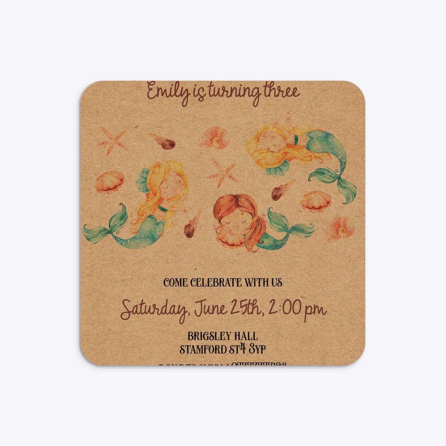 Mermaid Personalised Happy Birthday Rounded 5 25x5 25 Invitation Kraft