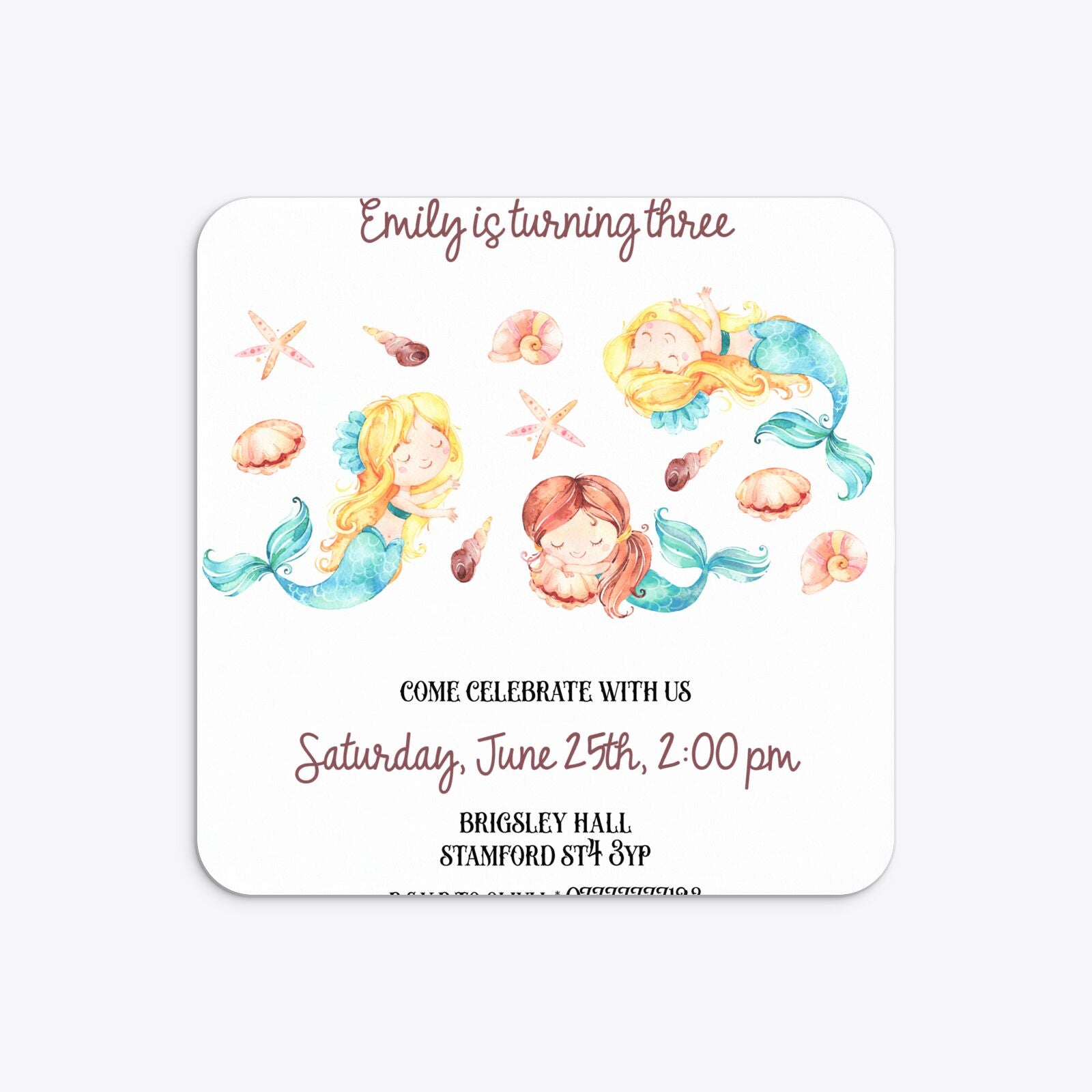 Mermaid Personalised Happy Birthday Rounded 5 25x5 25 Invitation Matte Paper