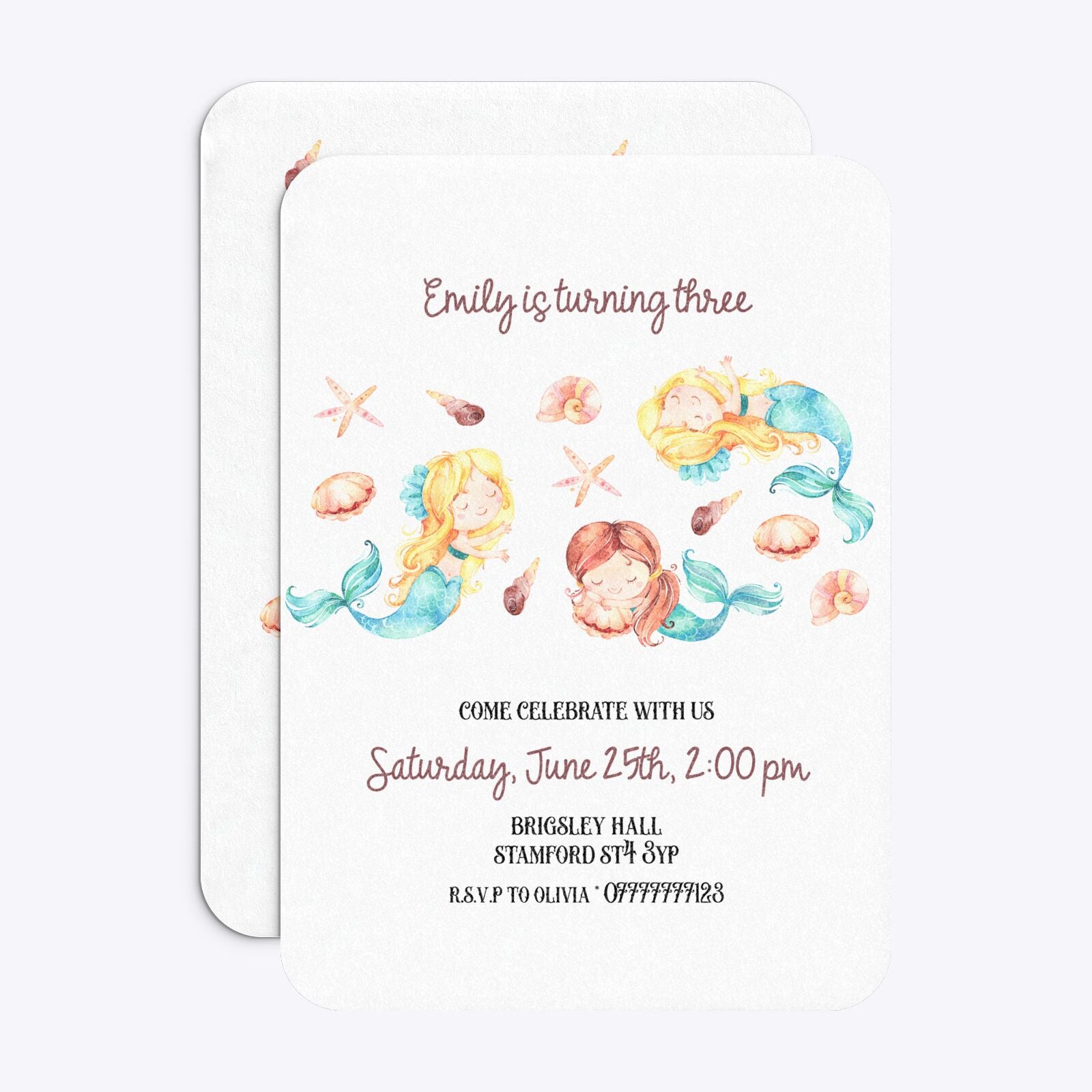Mermaid Personalised Happy Birthday Rounded Invitation Glitter Front and Back Image