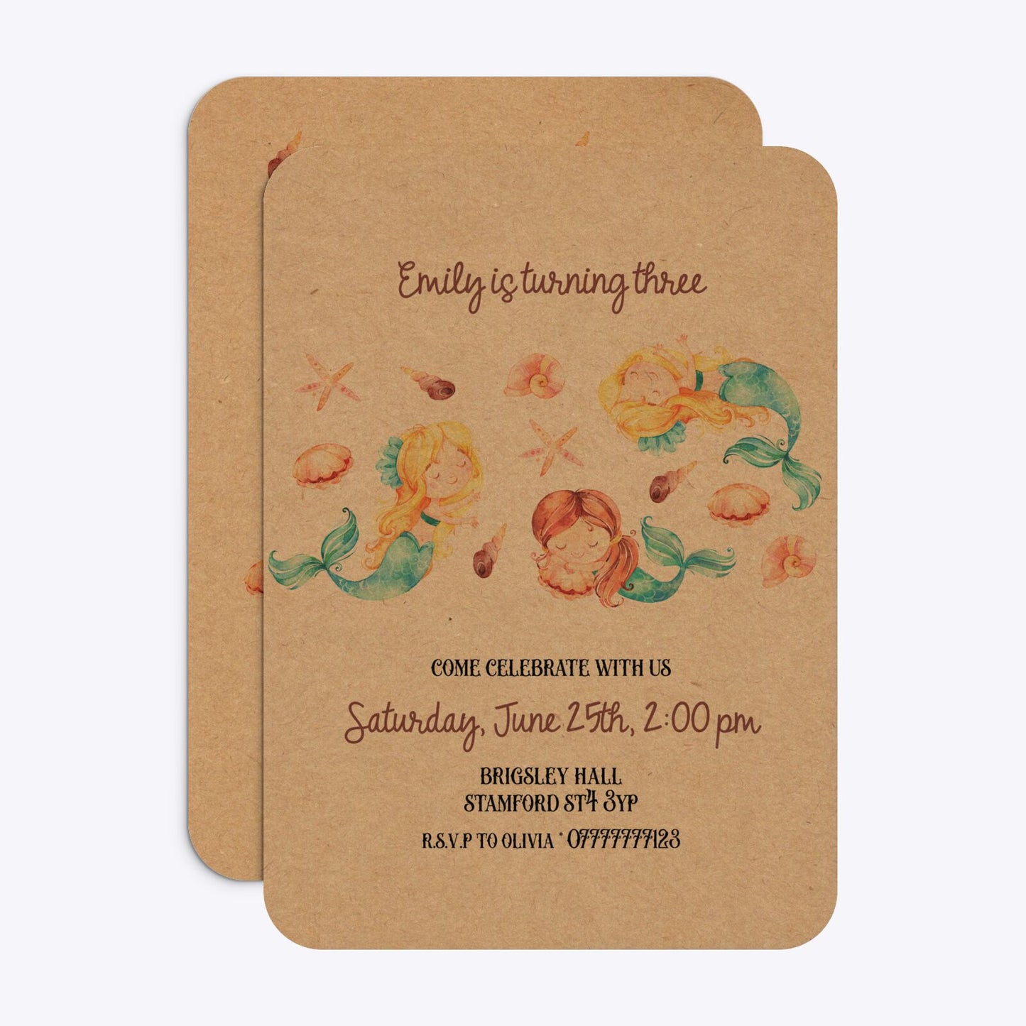 Mermaid Personalised Happy Birthday Rounded Invitation Kraft Front and Back Image