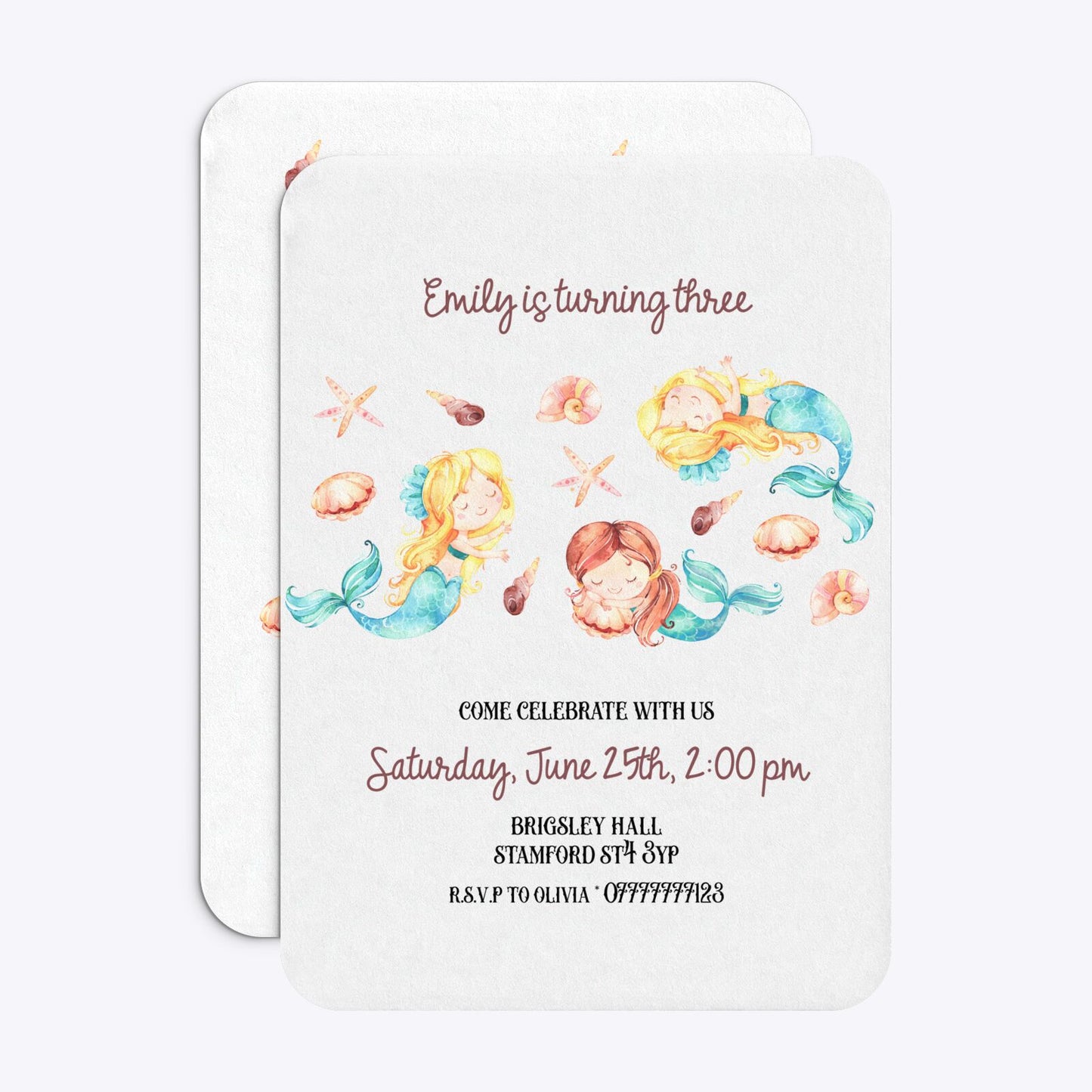 Mermaid Personalised Happy Birthday Rounded Invitation Matte Paper Front and Back Image