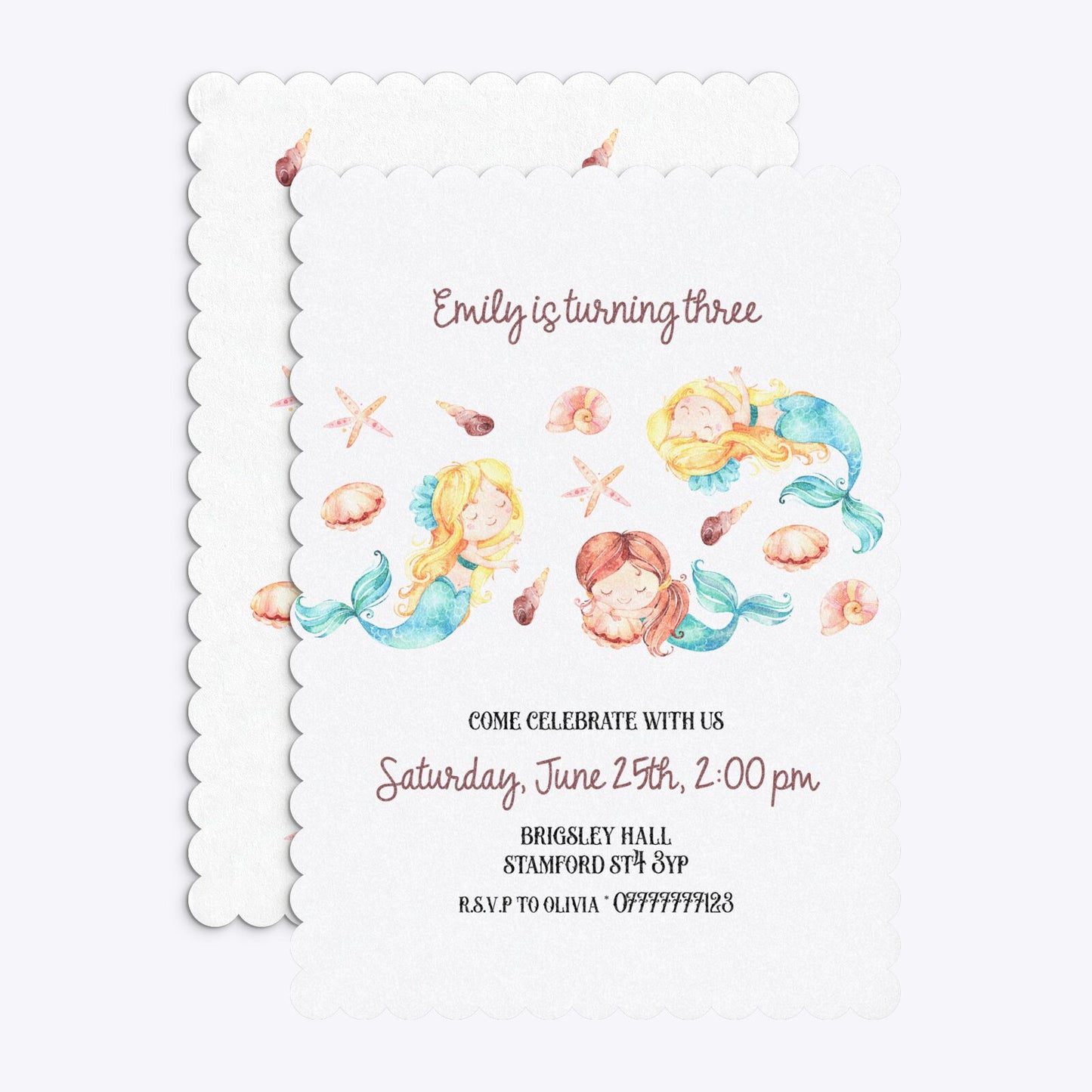 Mermaid Personalised Happy Birthday Scalloped Invitation Glitter Front and Back Image