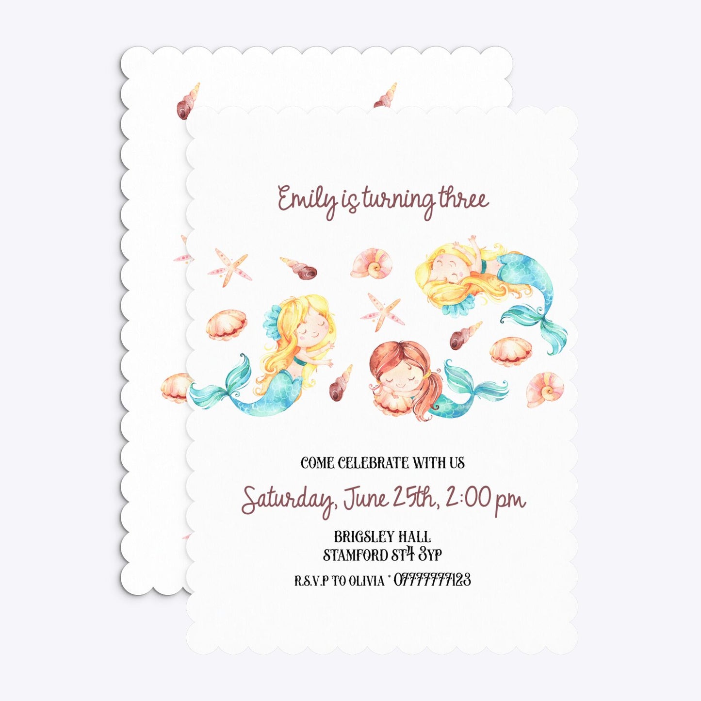 Mermaid Personalised Happy Birthday Scalloped Invitation Matte Paper Front and Back Image