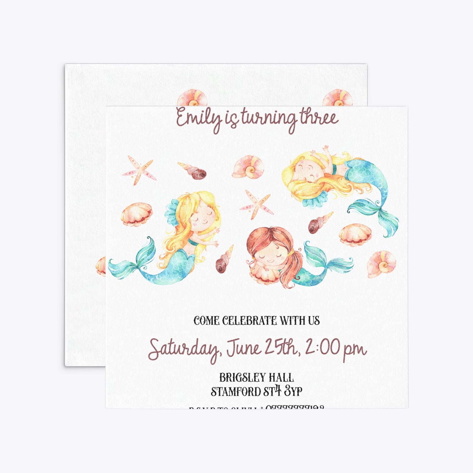 Mermaid Personalised Happy Birthday Square 5 25x5 25 Invitation Glitter Front and Back Image
