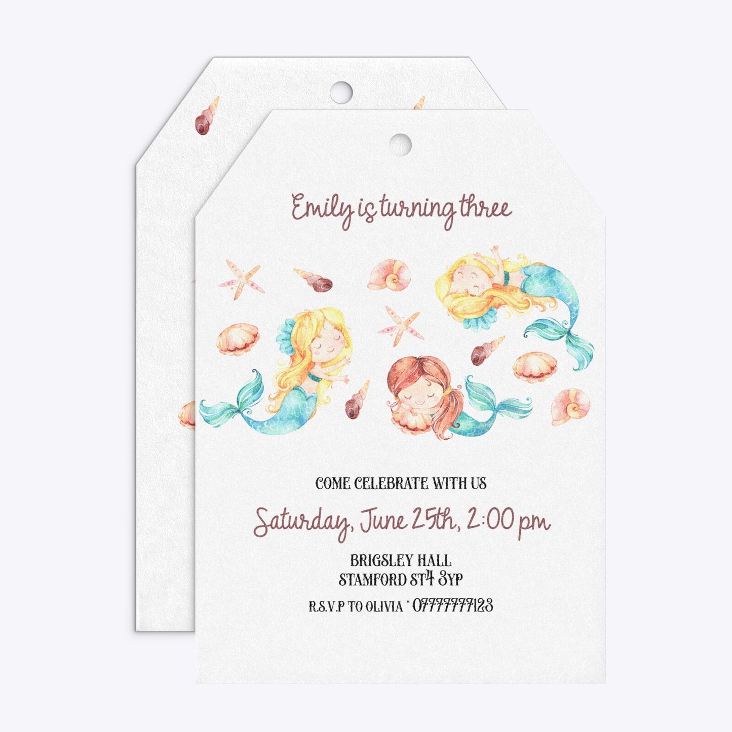 Mermaid Personalised Happy Birthday Tag Invitation Glitter Front and Back Image