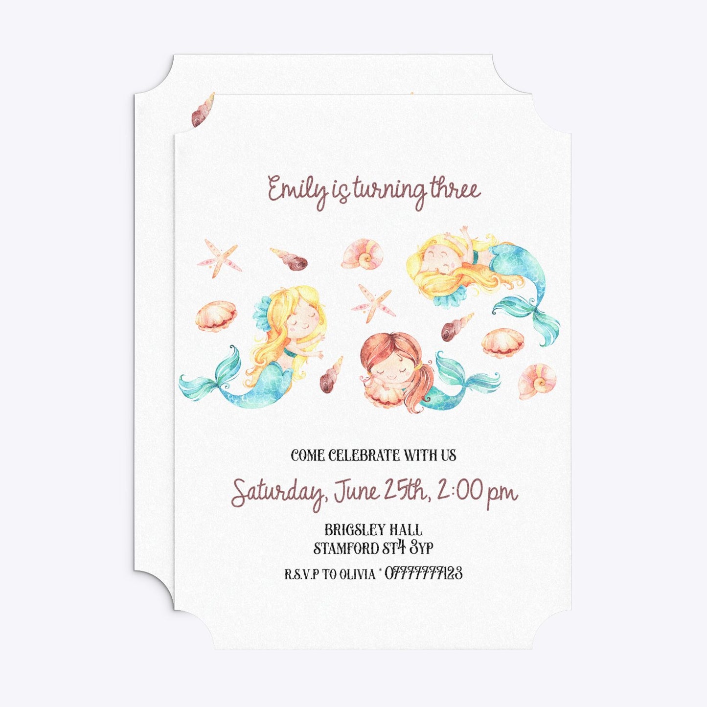 Mermaid Personalised Happy Birthday Ticket Invitation Glitter Front and Back Image