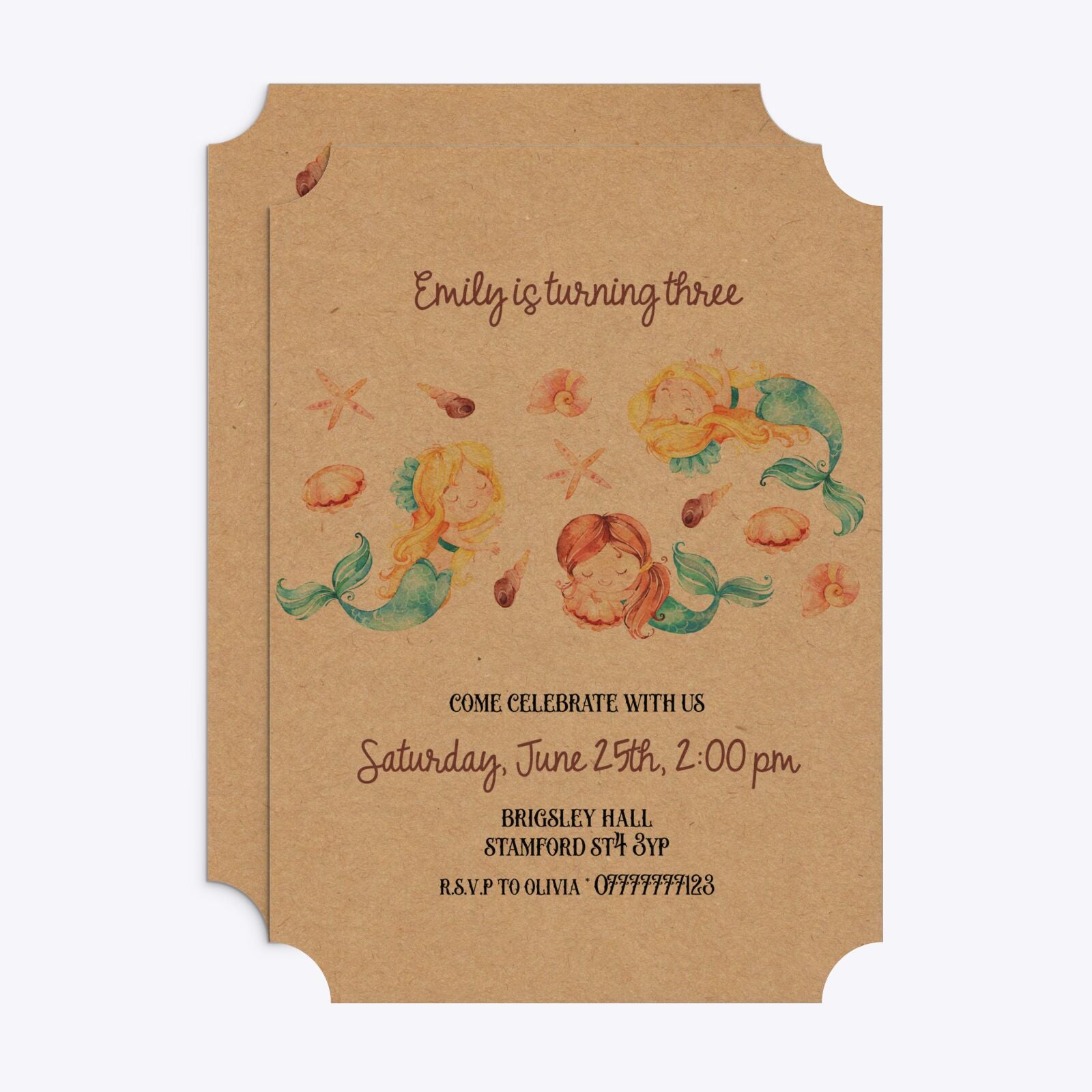 Mermaid Personalised Happy Birthday Ticket Invitation Kraft Front and Back Image