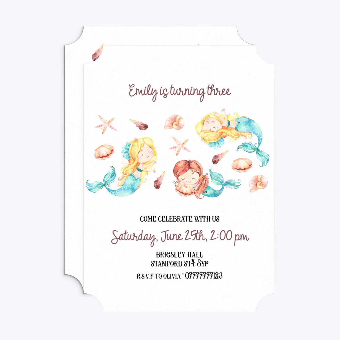 Mermaid Personalised Happy Birthday Ticket Invitation Matte Paper Front and Back Image